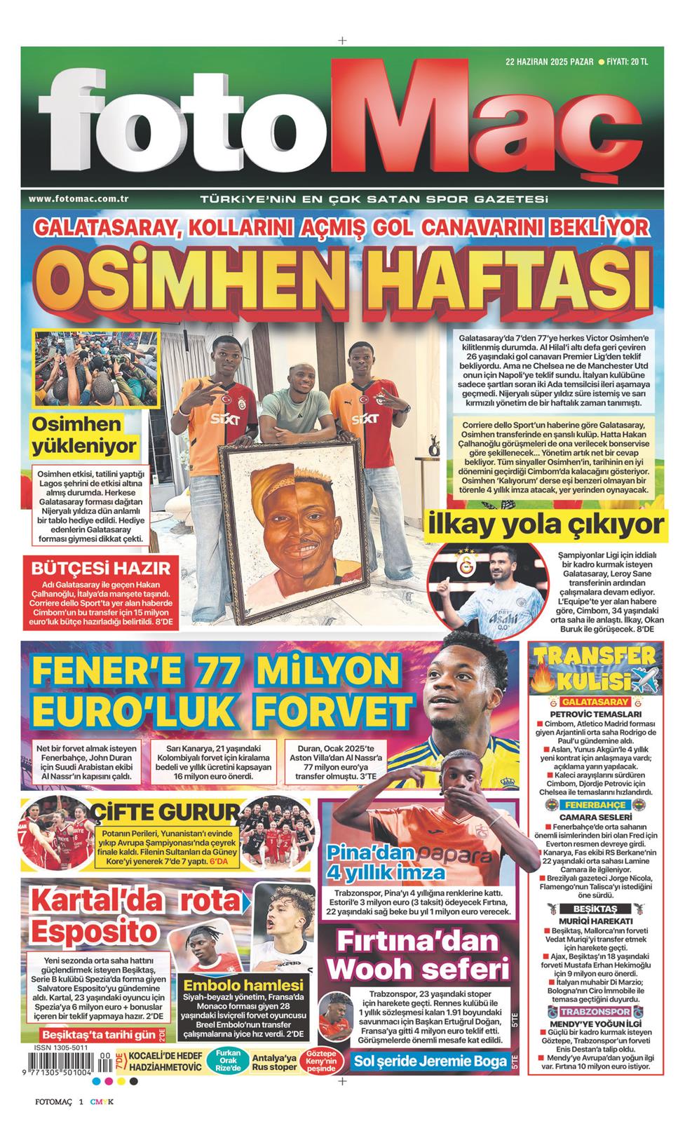 22 Haziran 2025 Pazar - Fotomaç gazetesi manşet
