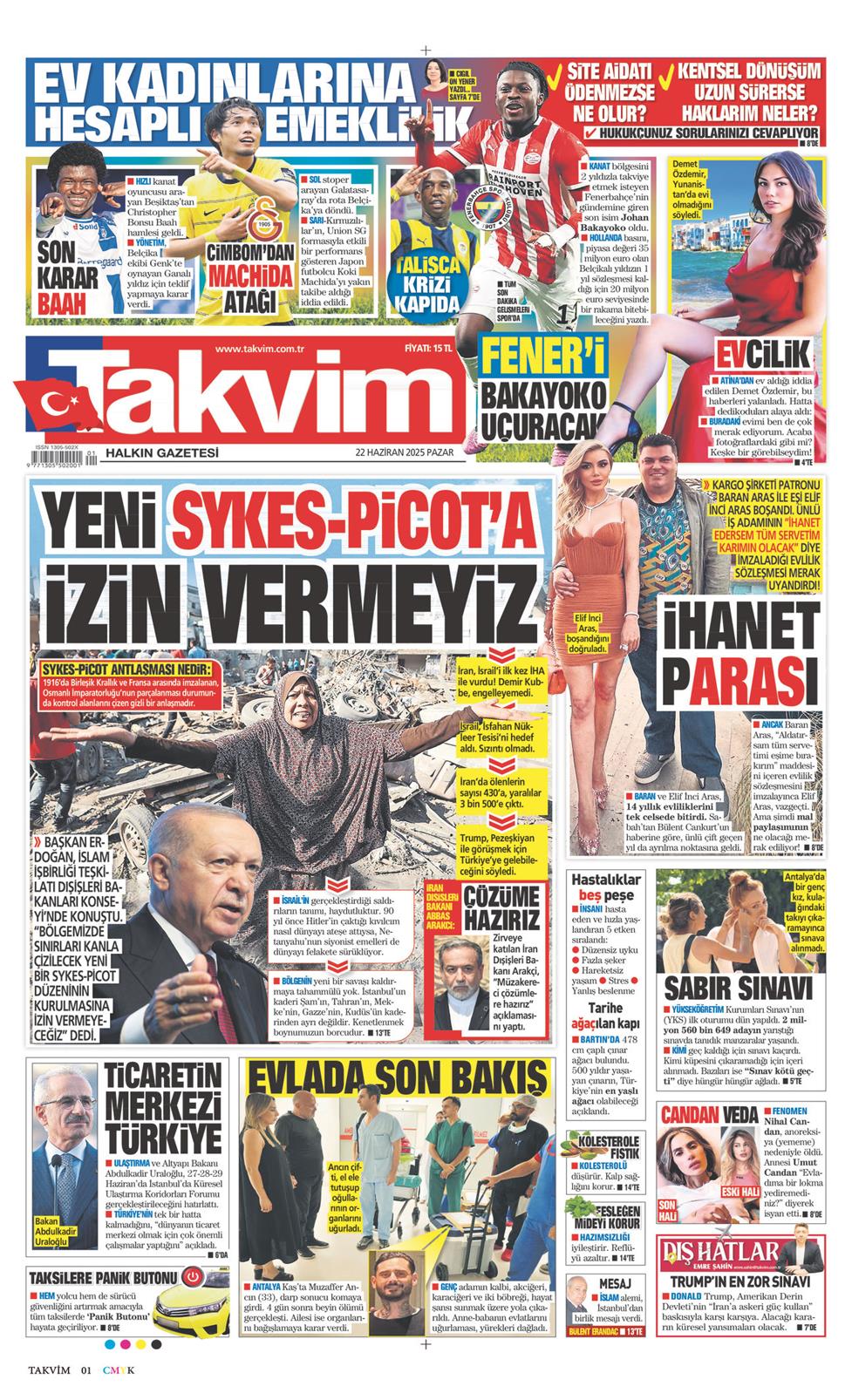 22 Haziran 2025 Pazar - Takvim gazetesi manşet