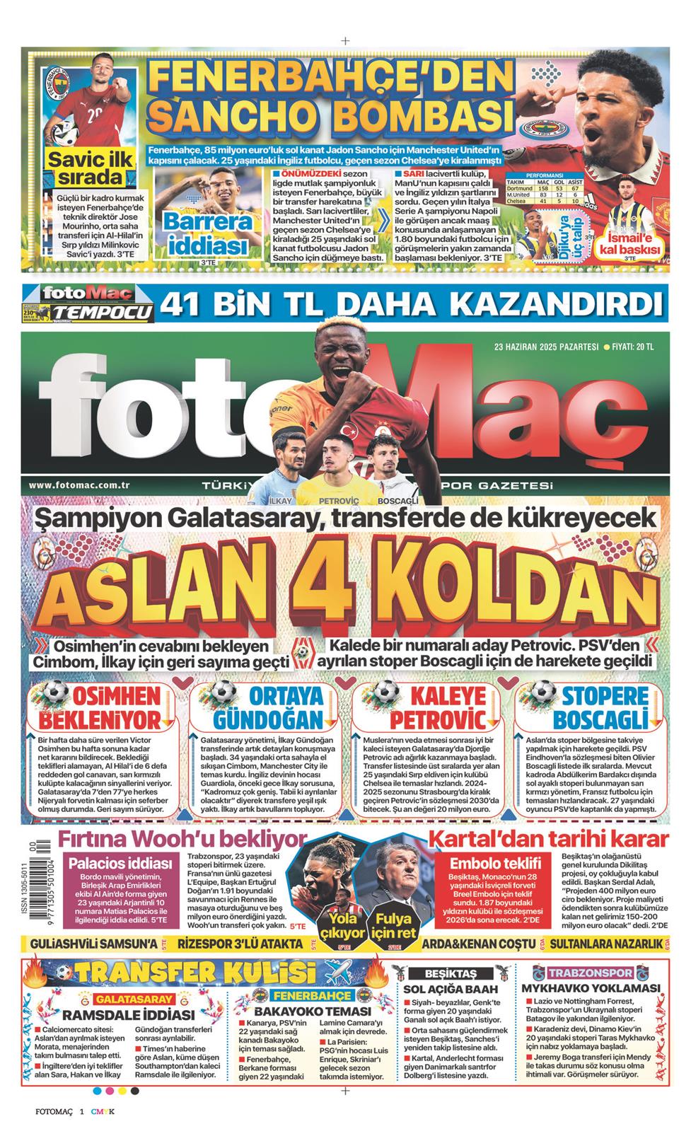 23 Haziran 2025 Pazartesi - Fotomaç gazetesi manşet