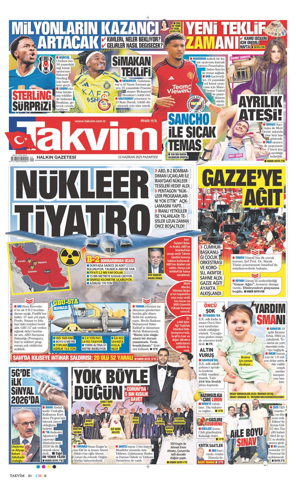 23 Haziran 2025 Pazartesi - Takvim gazetesi manşet