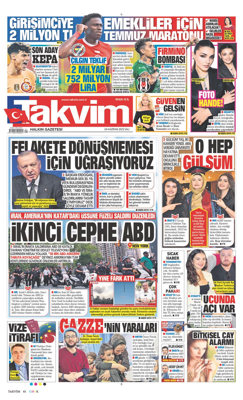 24 Haziran 2025 Salı - Takvim gazetesi manşet