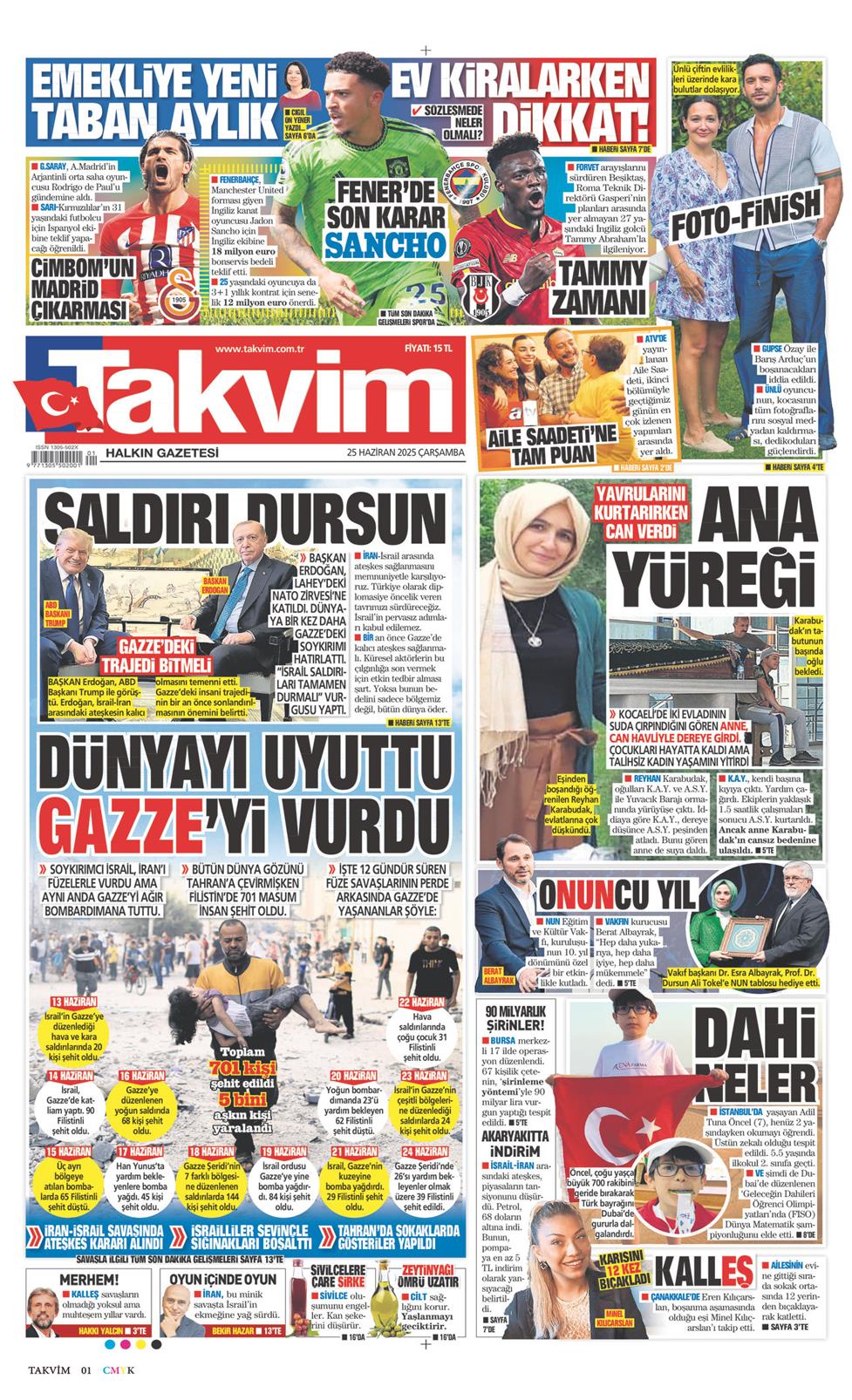 25 Haziran 2025 Çarşamba - Takvim gazetesi manşet