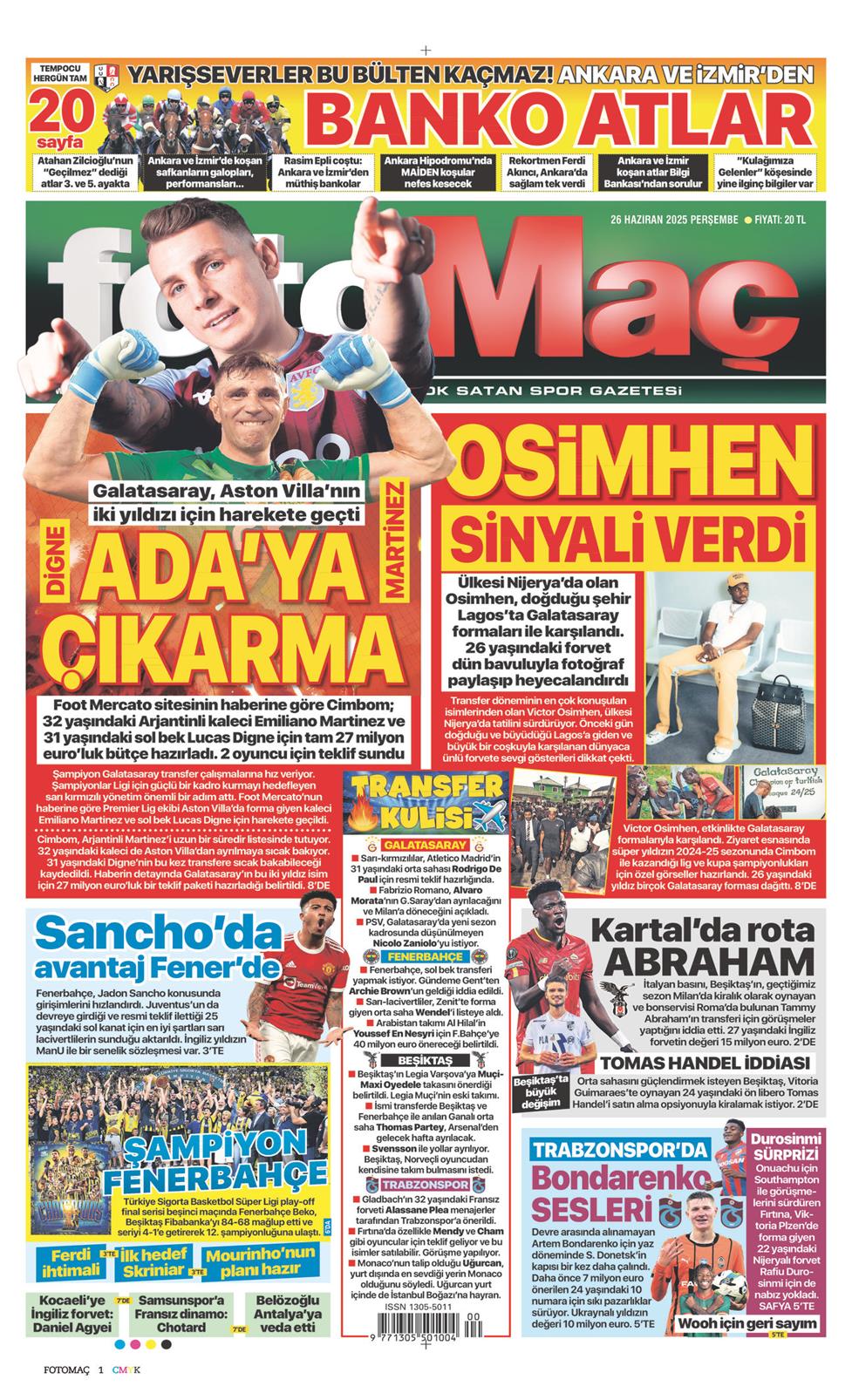 26 Haziran 2025 Perşembe - Fotomaç gazetesi manşet