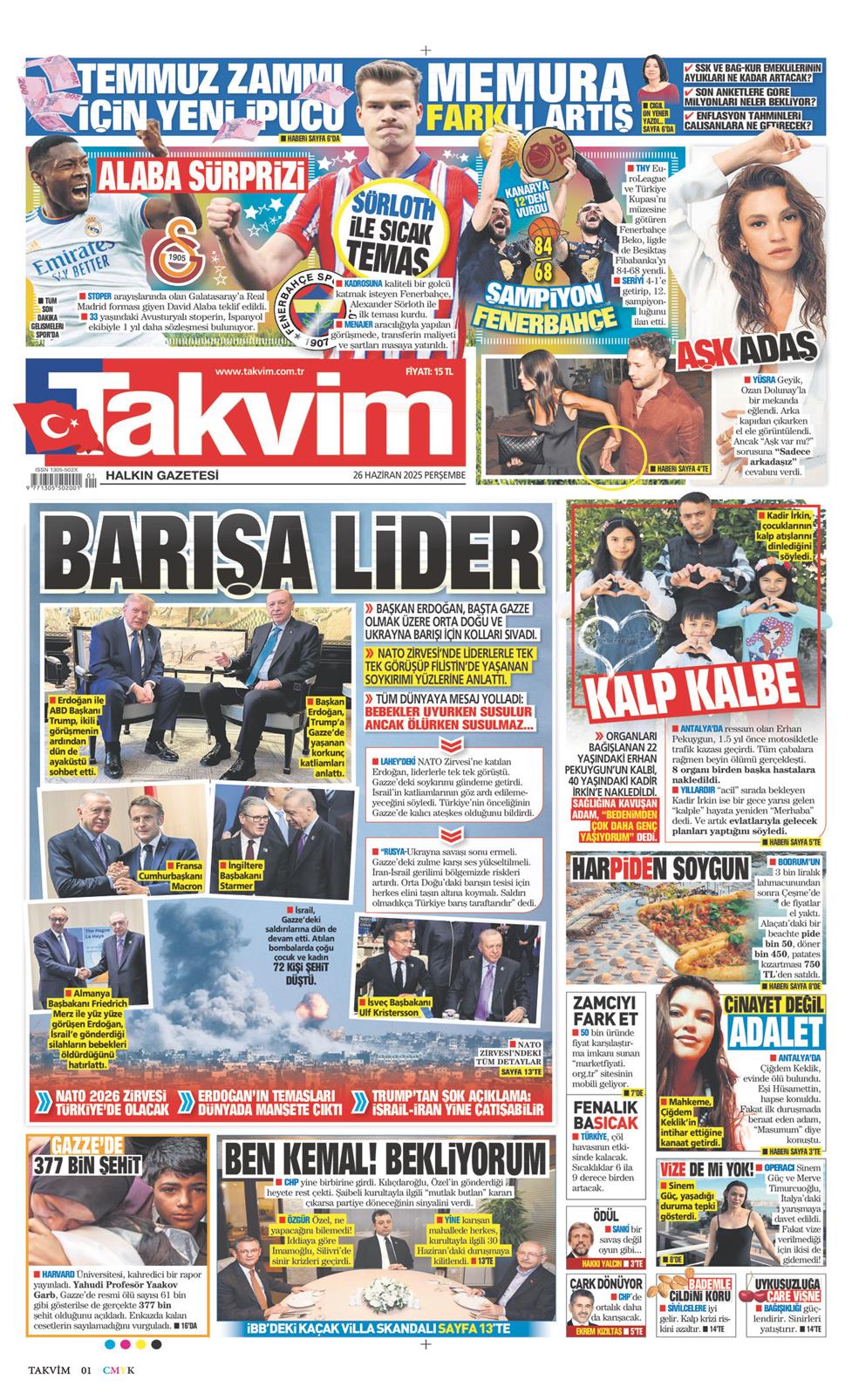 26 Haziran 2025 Perşembe - Takvim gazetesi manşet