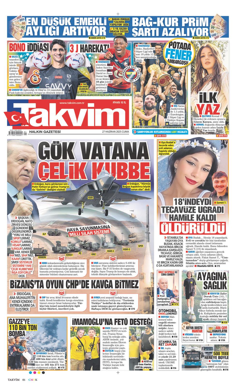 27 Haziran 2025 Cuma - Takvim gazetesi manşet