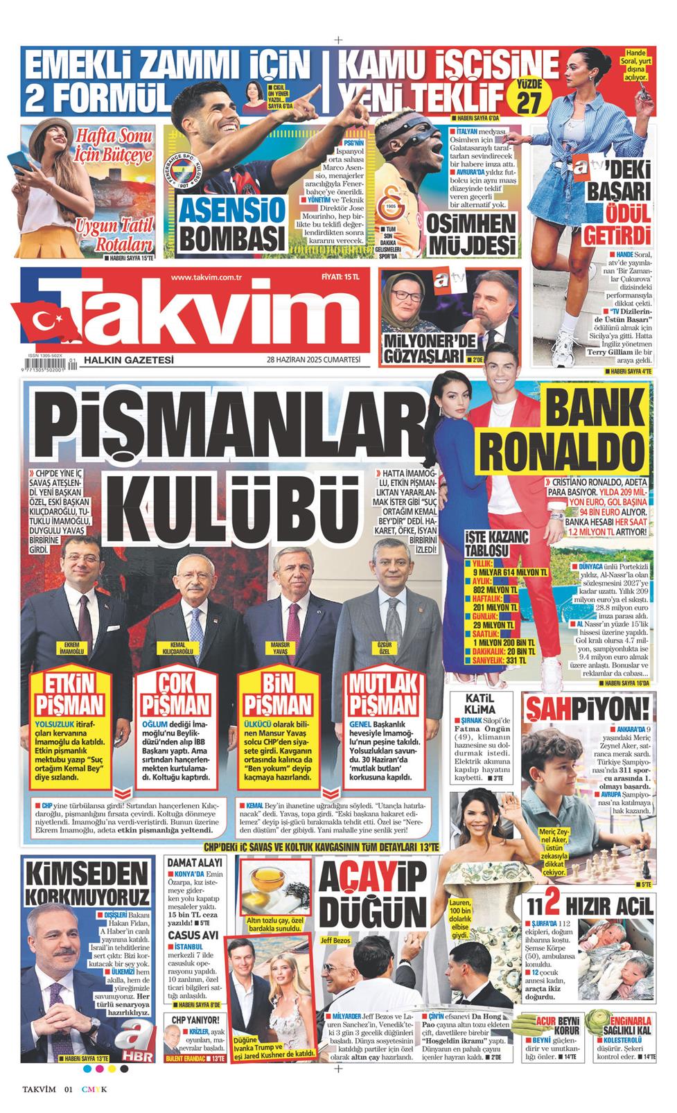 28 Haziran 2025 Cumartesi - Takvim gazetesi manşet