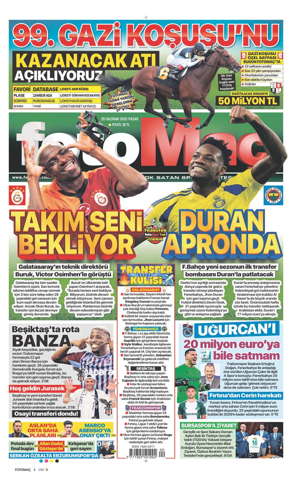 29 Haziran 2025 Pazar - Fotomaç gazetesi manşet