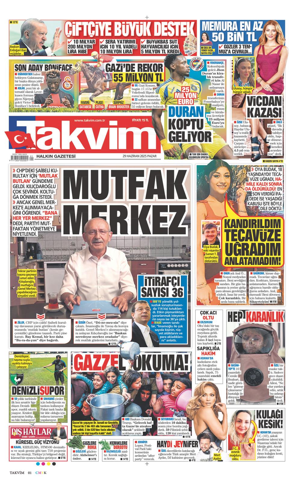 29 Haziran 2025 Pazar - Takvim gazetesi manşet