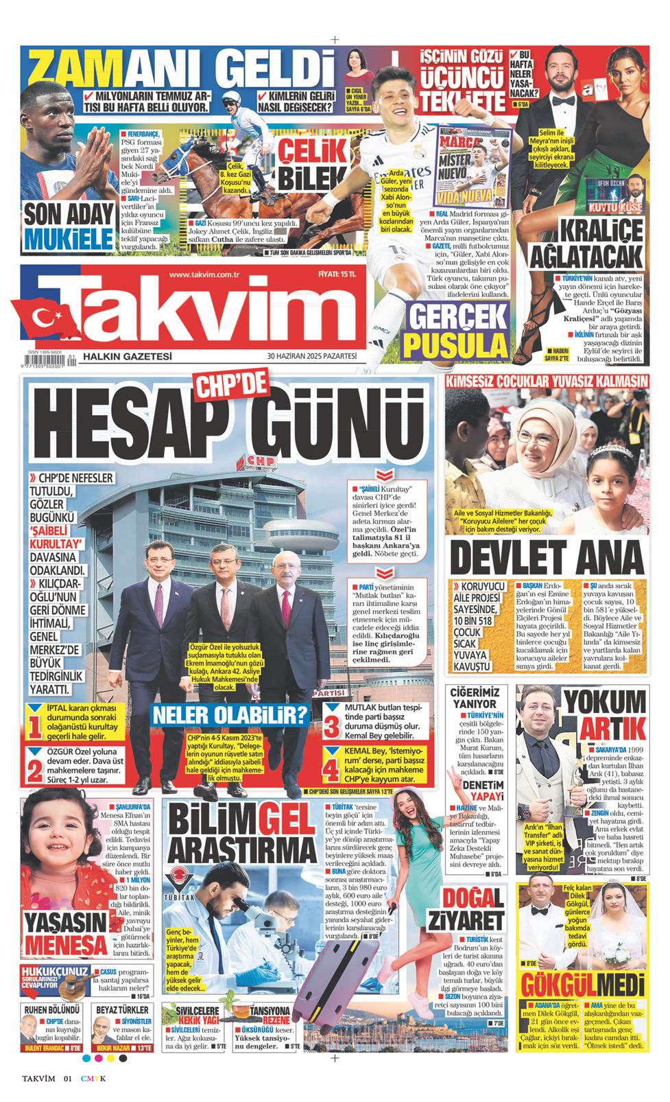 30 Haziran 2025 Pazartesi - Takvim gazetesi manşet