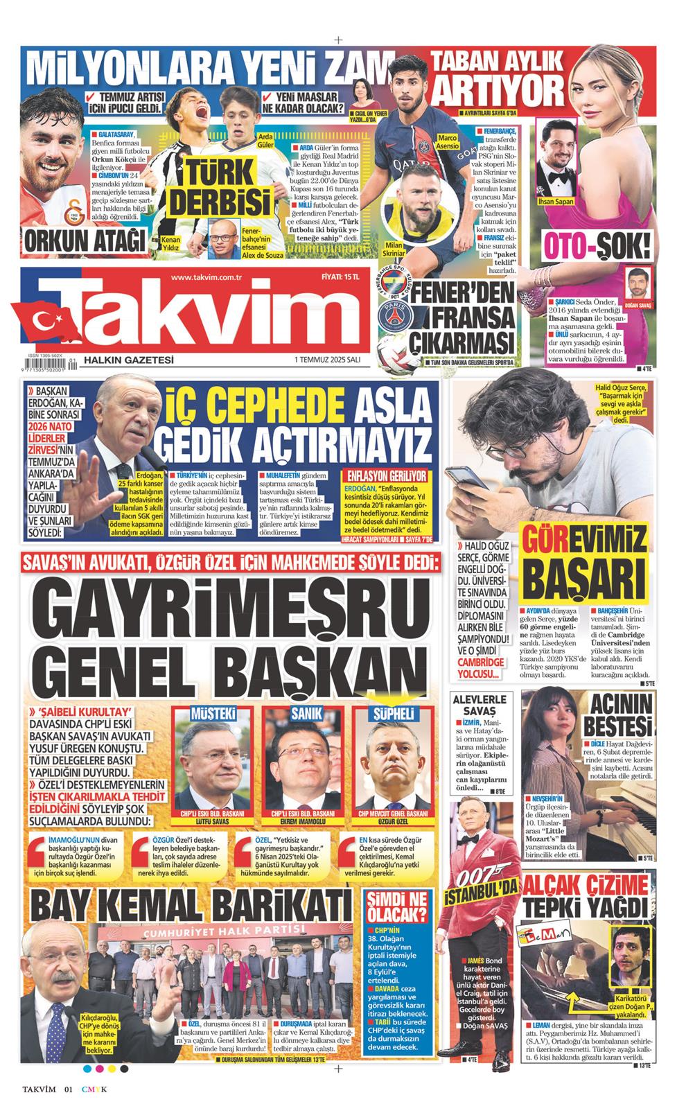 01 Temmuz 2025 Salı - Takvim gazetesi manşet
