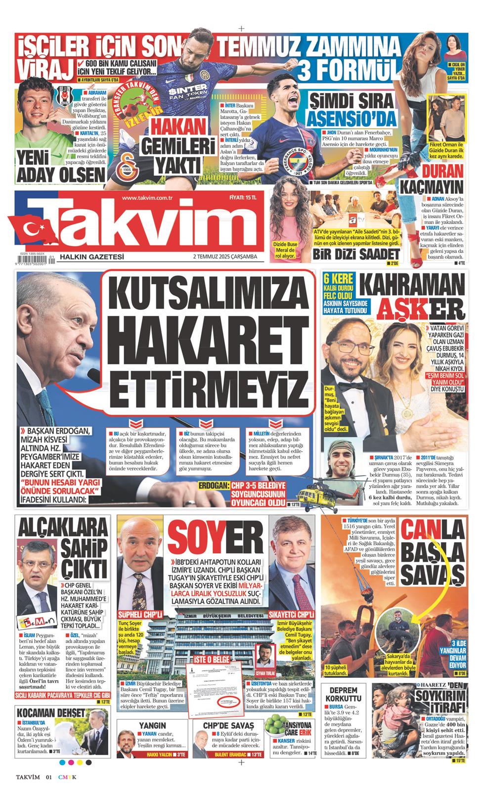 02 Temmuz 2025 Çarşamba - Takvim gazetesi manşet