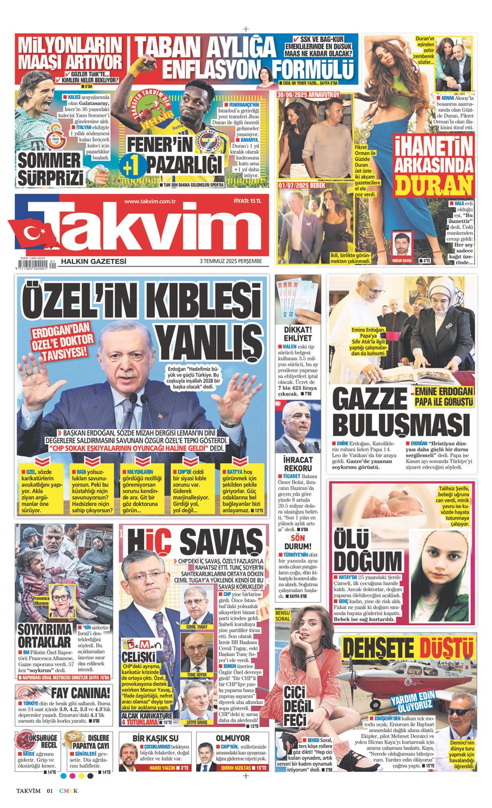 03 Temmuz 2025 Perşembe - Takvim gazetesi manşet