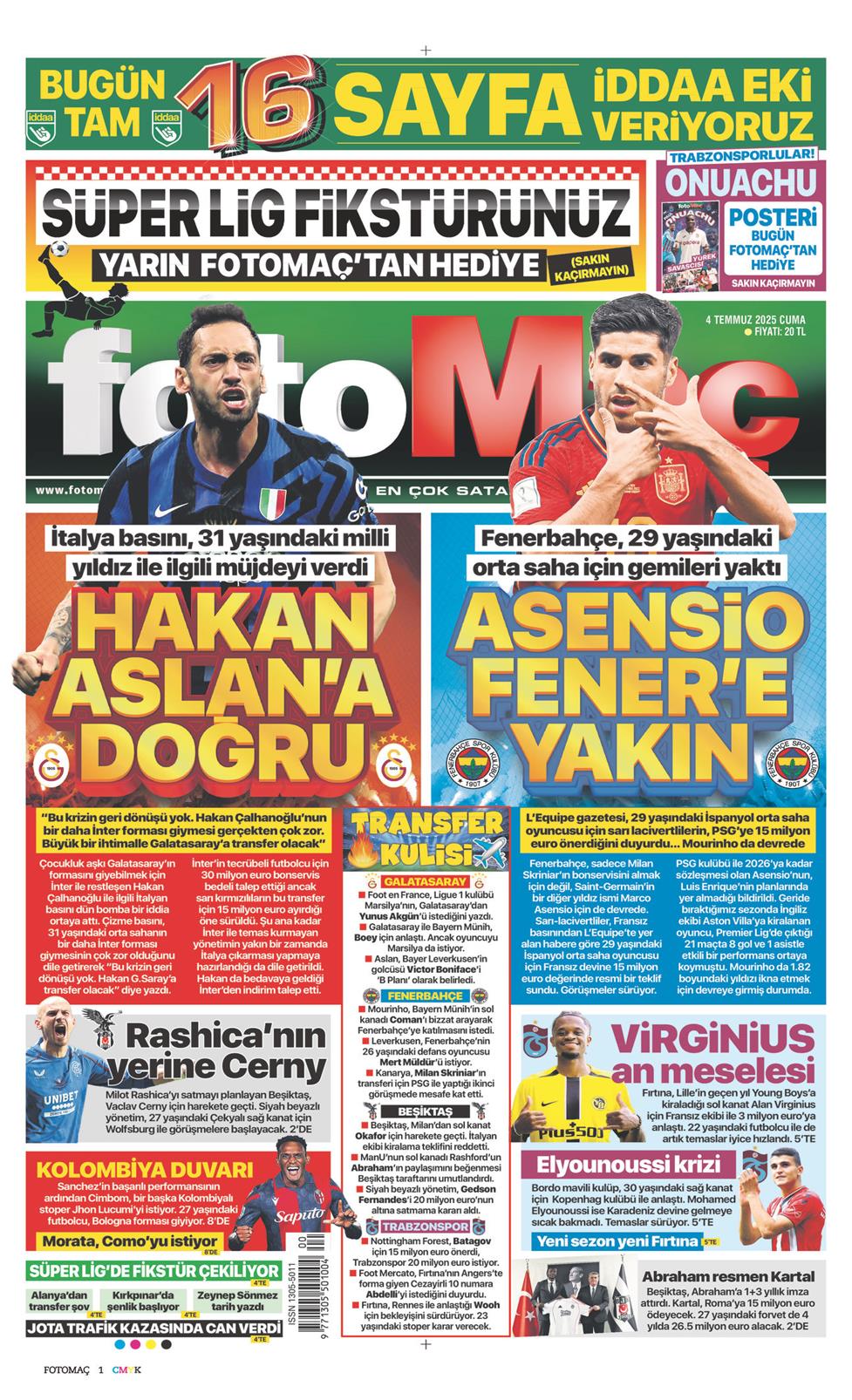 04 Temmuz 2025 Cuma - Fotomaç gazetesi manşet