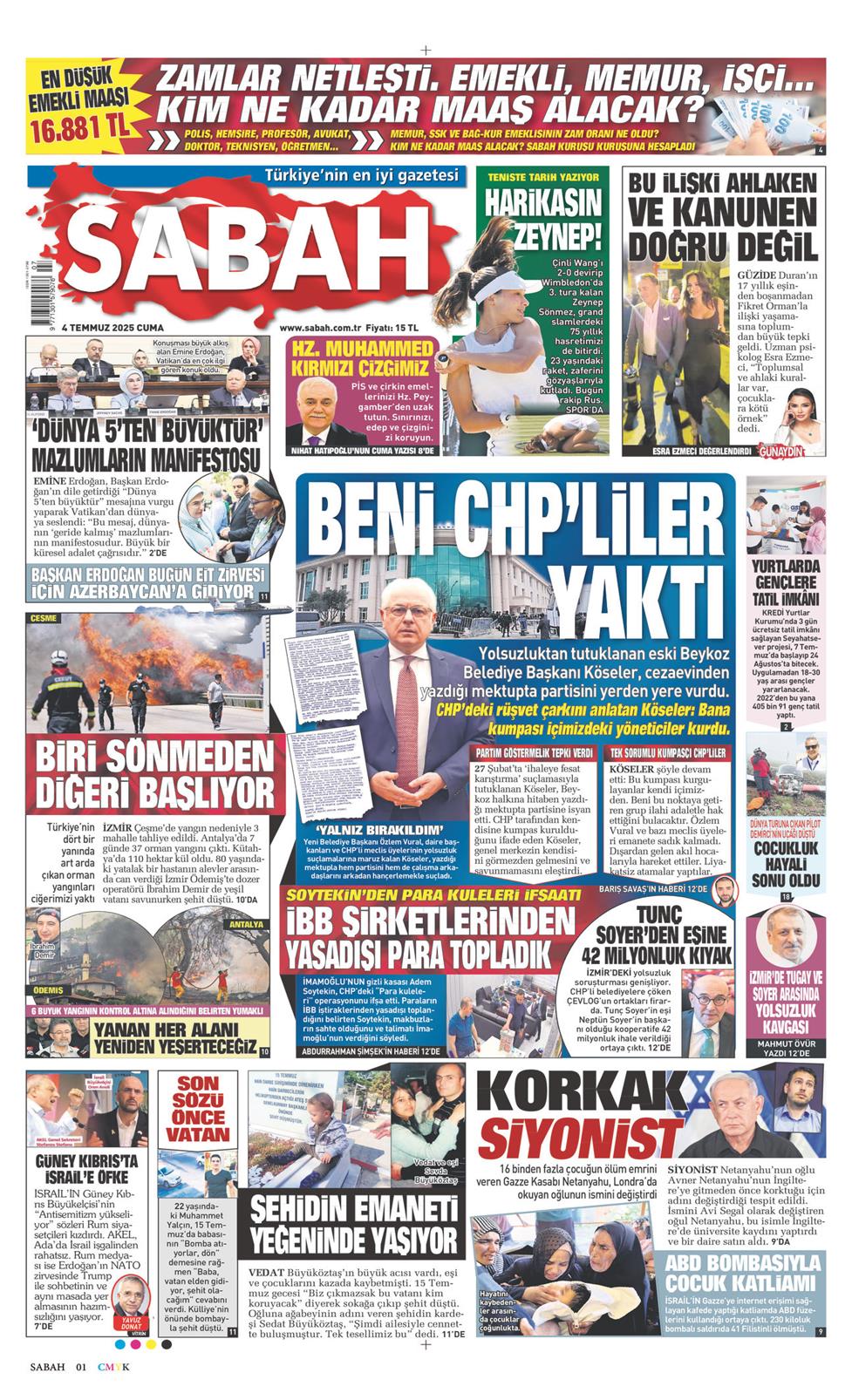 04 Temmuz 2025 Cuma - Sabah gazetesi manşet