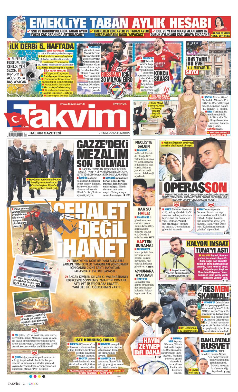 05 Temmuz 2025 Cumartesi - Takvim gazetesi manşet