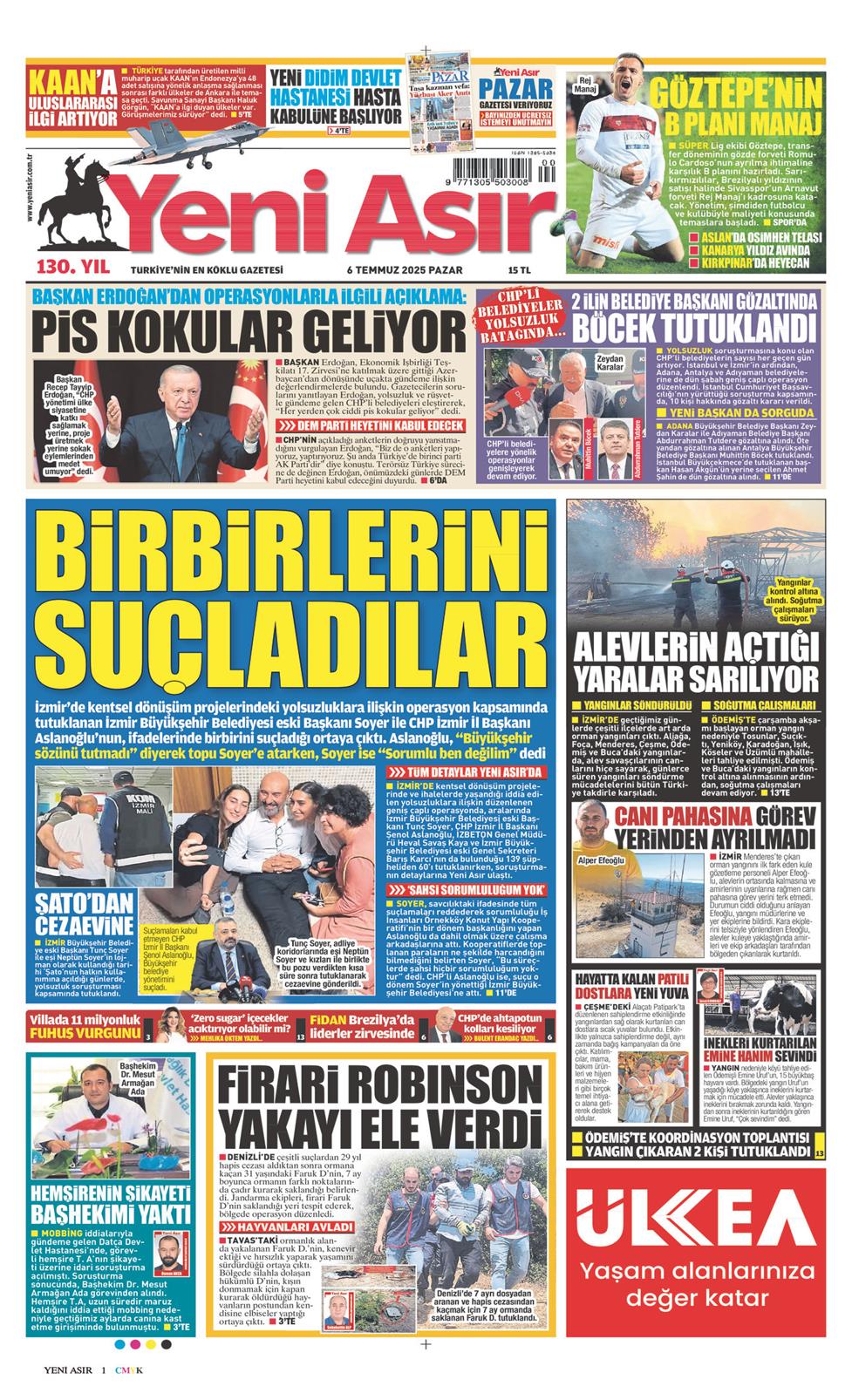 06 Temmuz 2025 Pazar - Yeni Asır gazetesi manşet