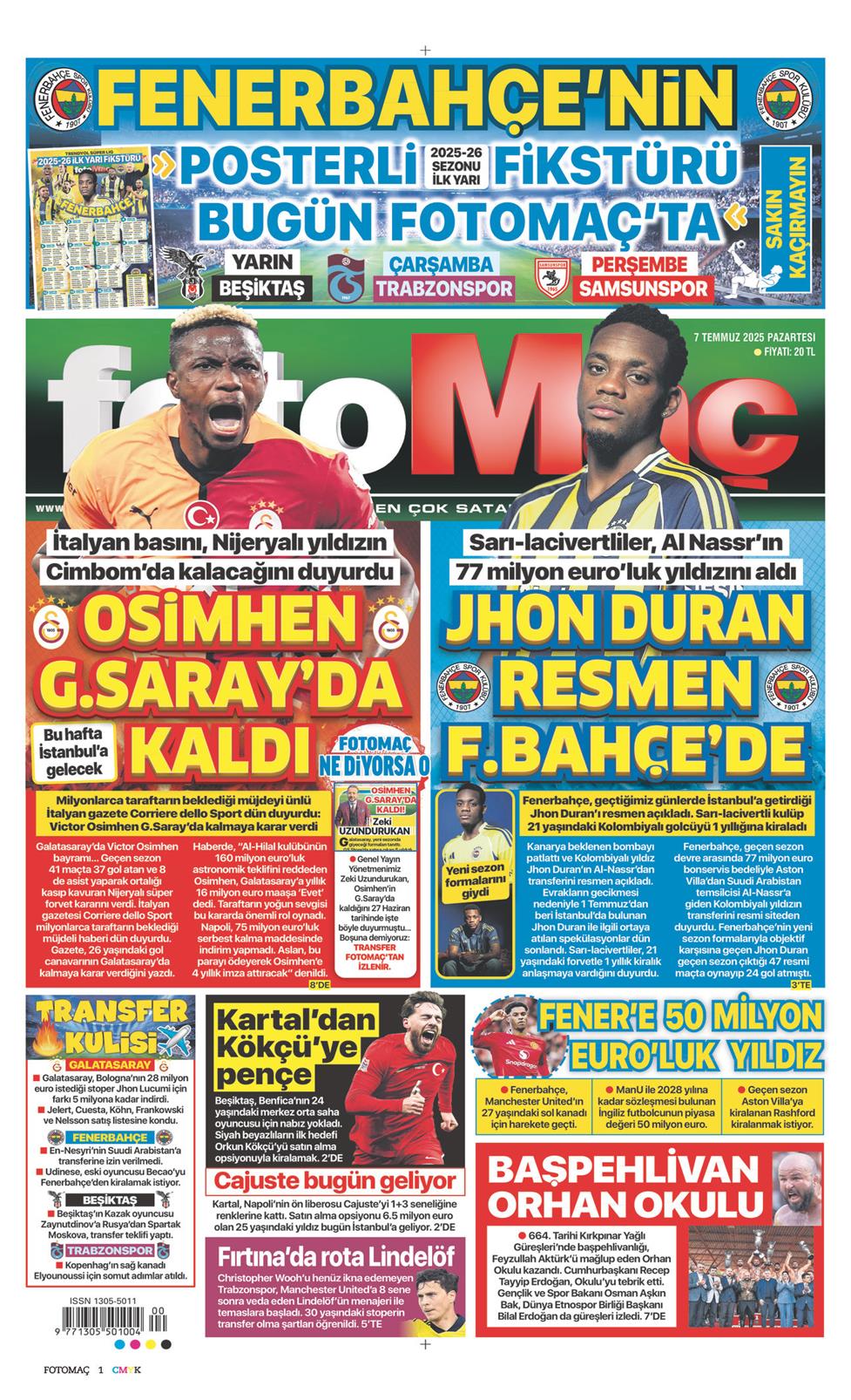 07 Temmuz 2025 Pazartesi - Fotomaç gazetesi manşet