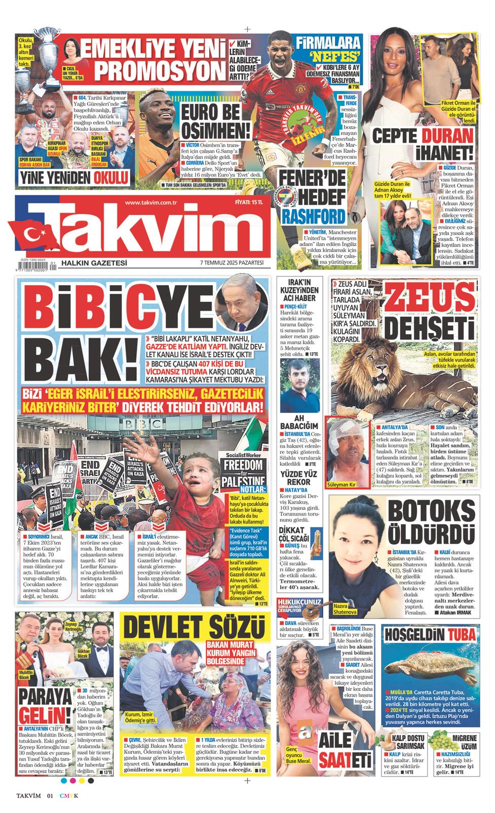 07 Temmuz 2025 Pazartesi - Takvim gazetesi manşet