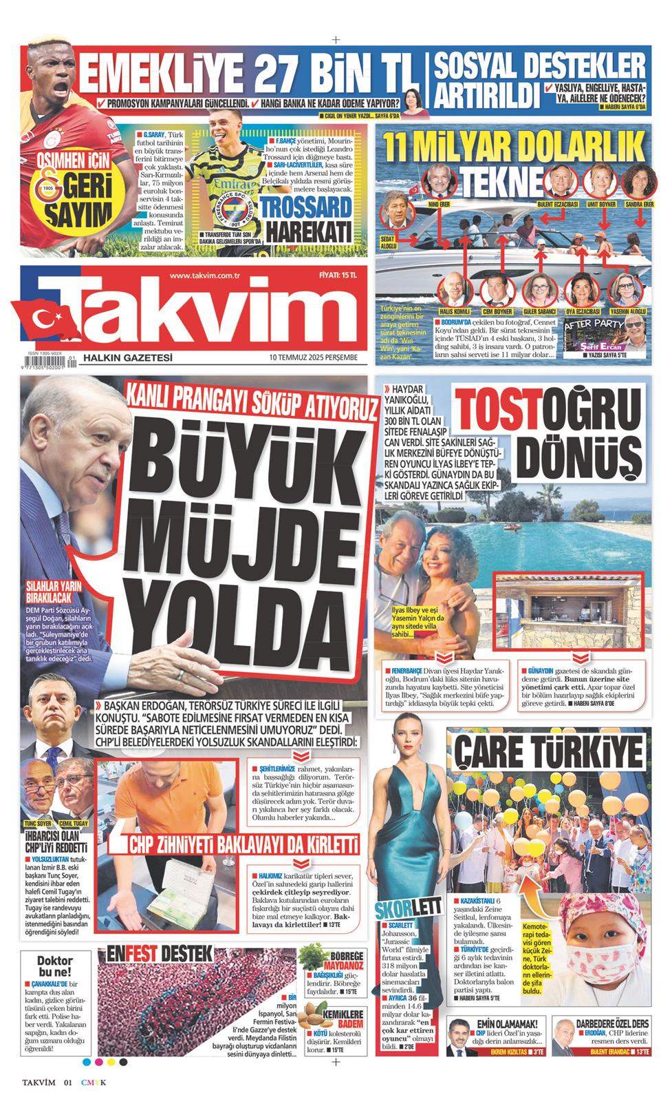 10 Temmuz 2025 Perşembe - Takvim gazetesi manşet