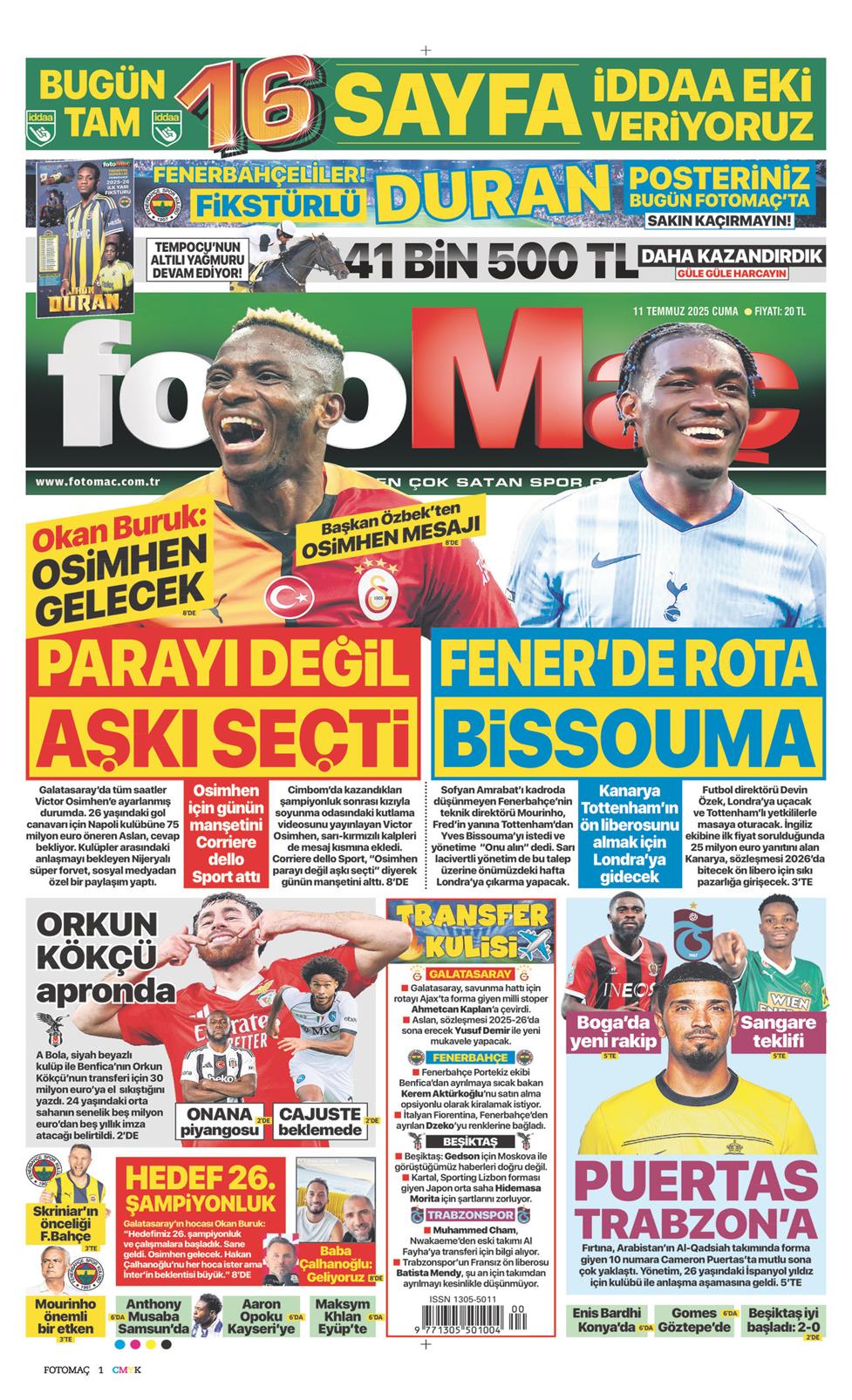 11 Temmuz 2025 Cuma - Fotomaç gazetesi manşet