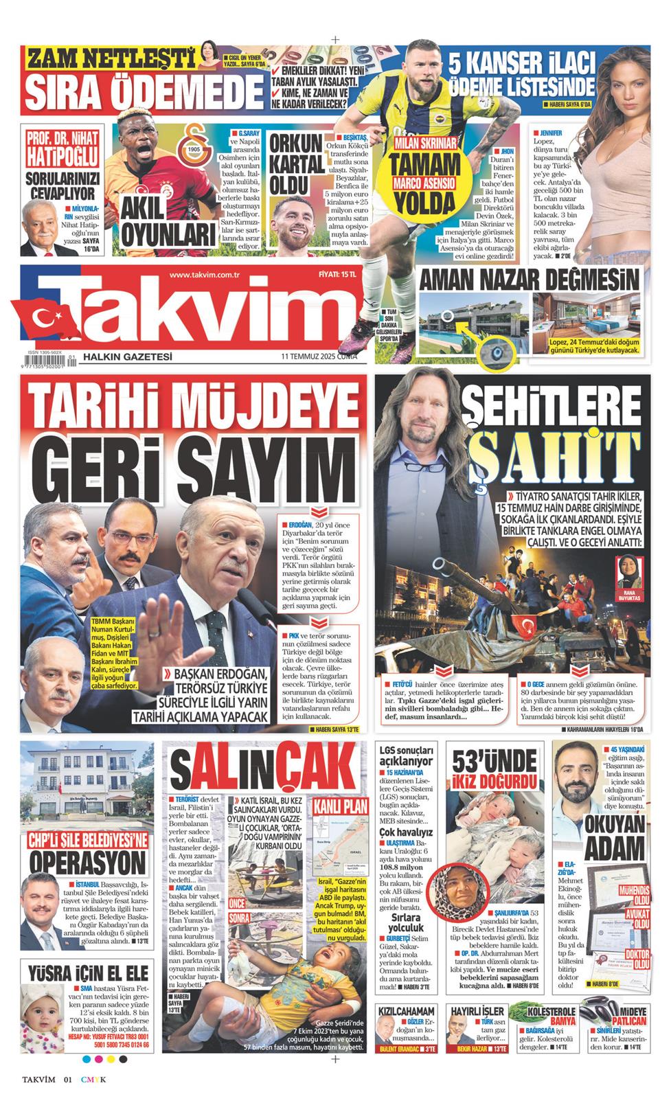 11 Temmuz 2025 Cuma - Takvim gazetesi manşet