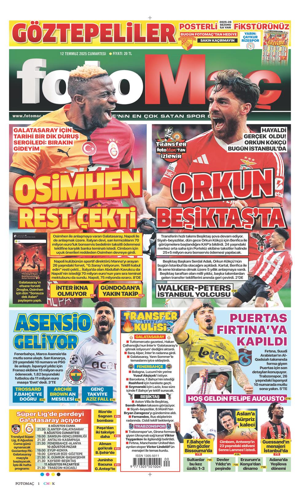 12 Temmuz 2025 Cumartesi - Fotomaç gazetesi manşet