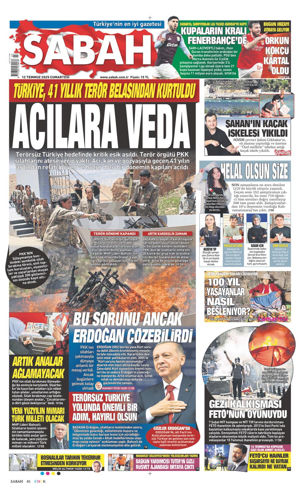12 Temmuz 2025 Cumartesi - Sabah gazetesi manşet