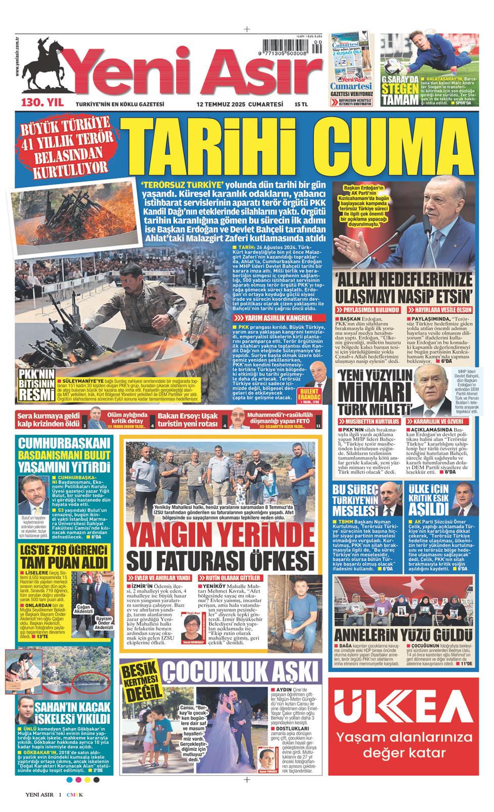 12 Temmuz 2025 Cumartesi - Yeni Asır gazetesi manşet