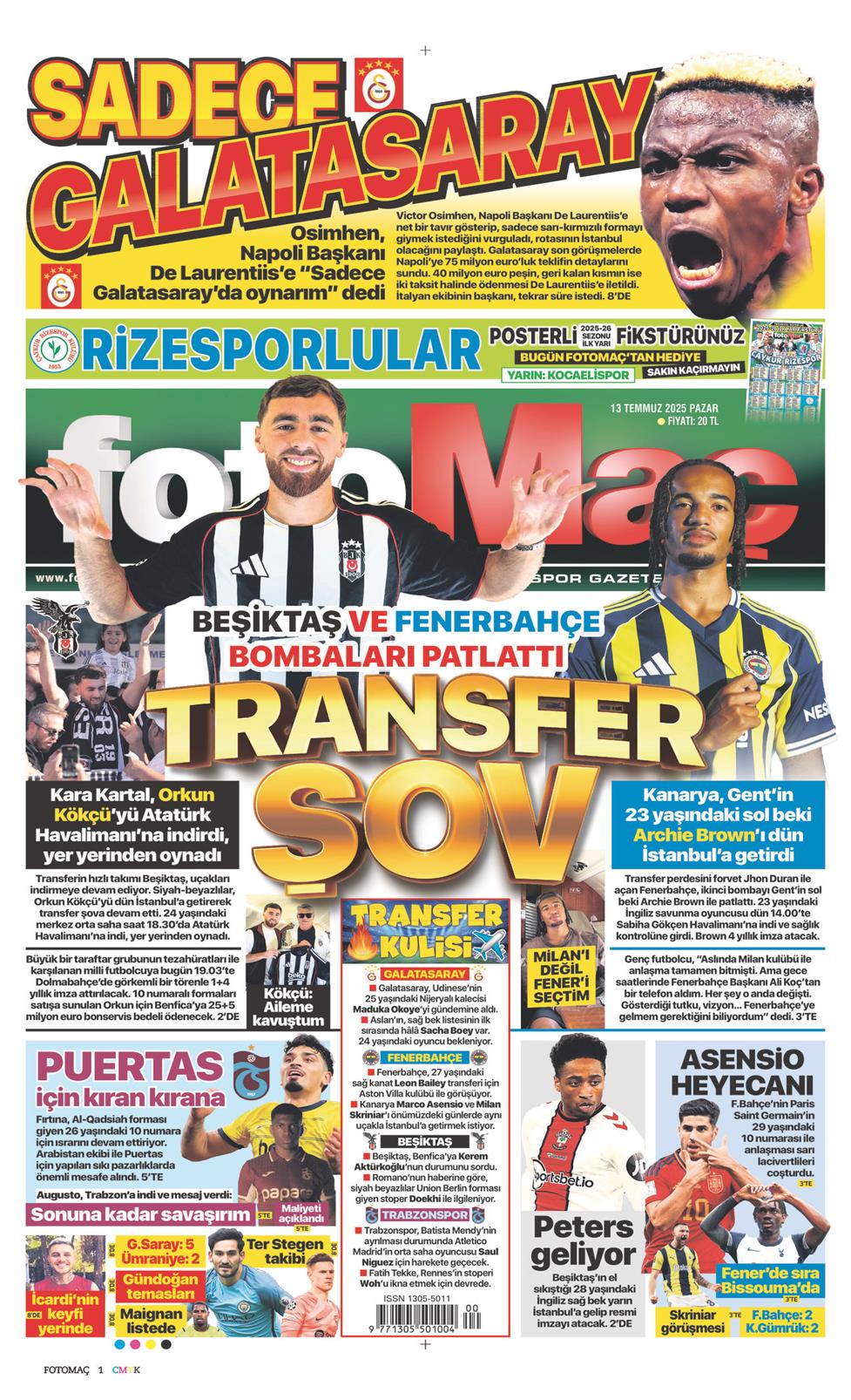 13 Temmuz 2025 Pazar - Fotomaç gazetesi manşet