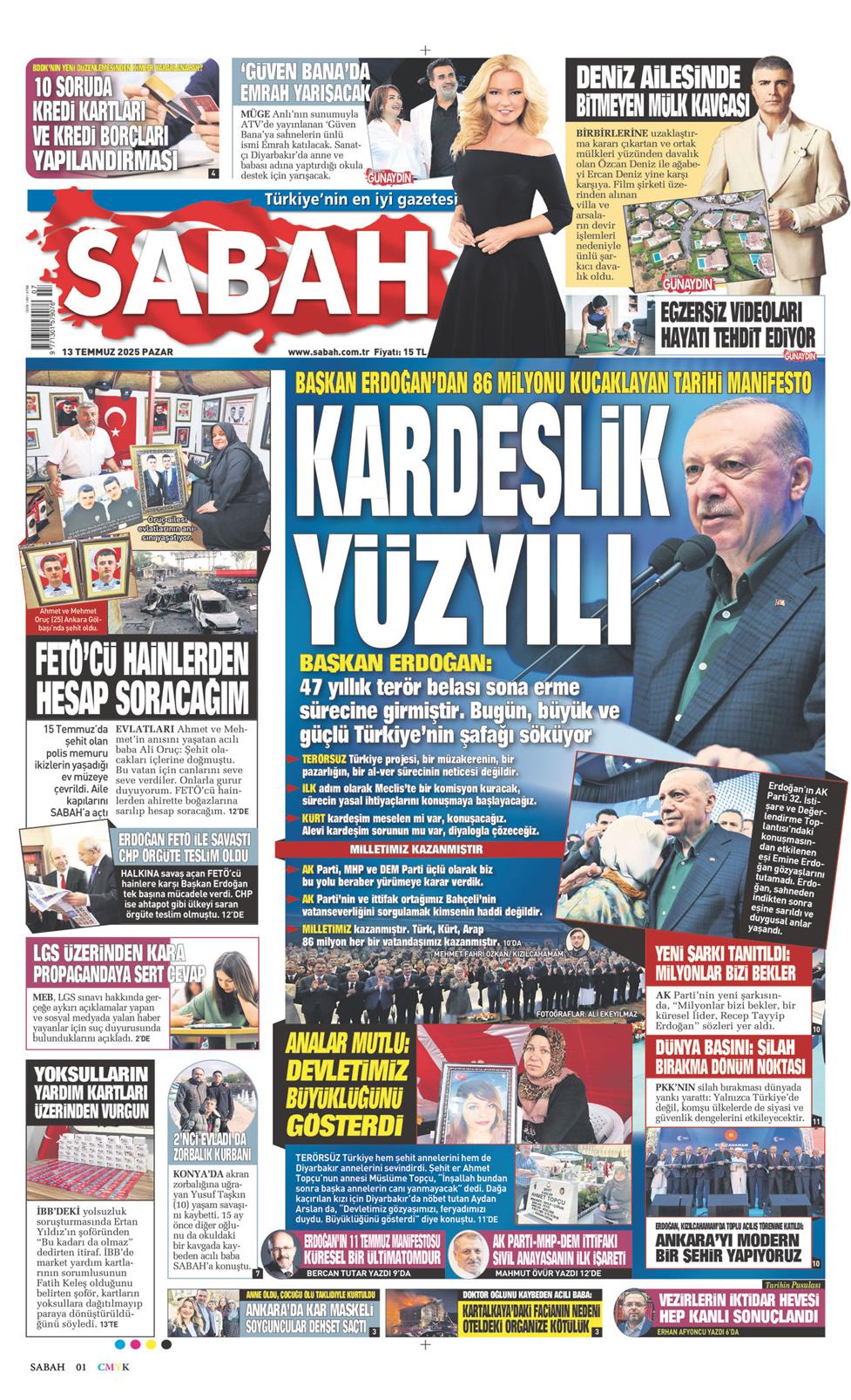 13 Temmuz 2025 Pazar - Sabah gazetesi manşet