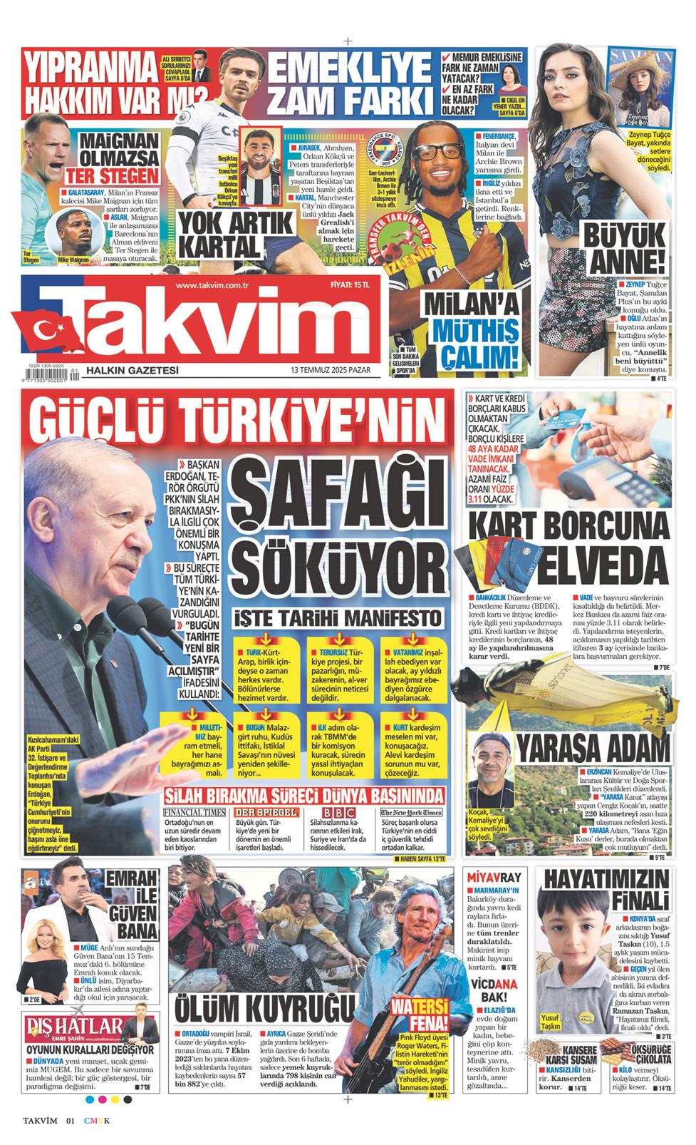 13 Temmuz 2025 Pazar - Takvim gazetesi manşet