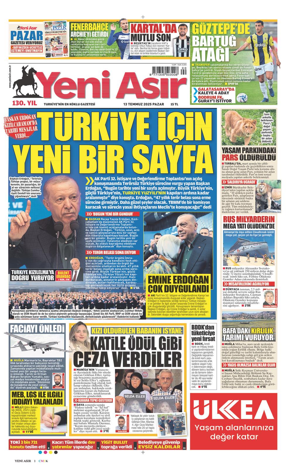 13 Temmuz 2025 Pazar - Yeni Asır gazetesi manşet