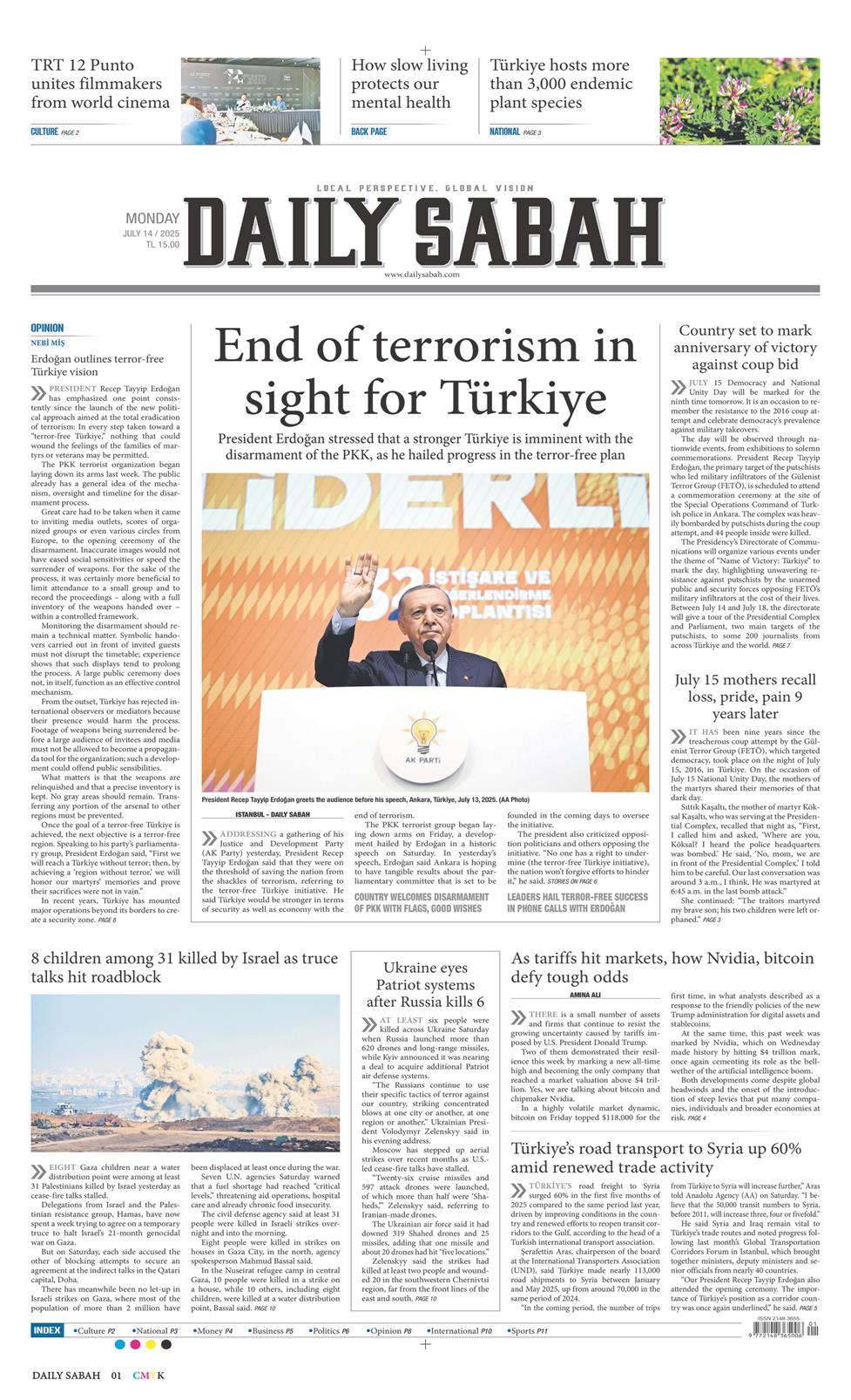 14 Temmuz 2025 Pazartesi - Daily Sabah gazetesi manşet