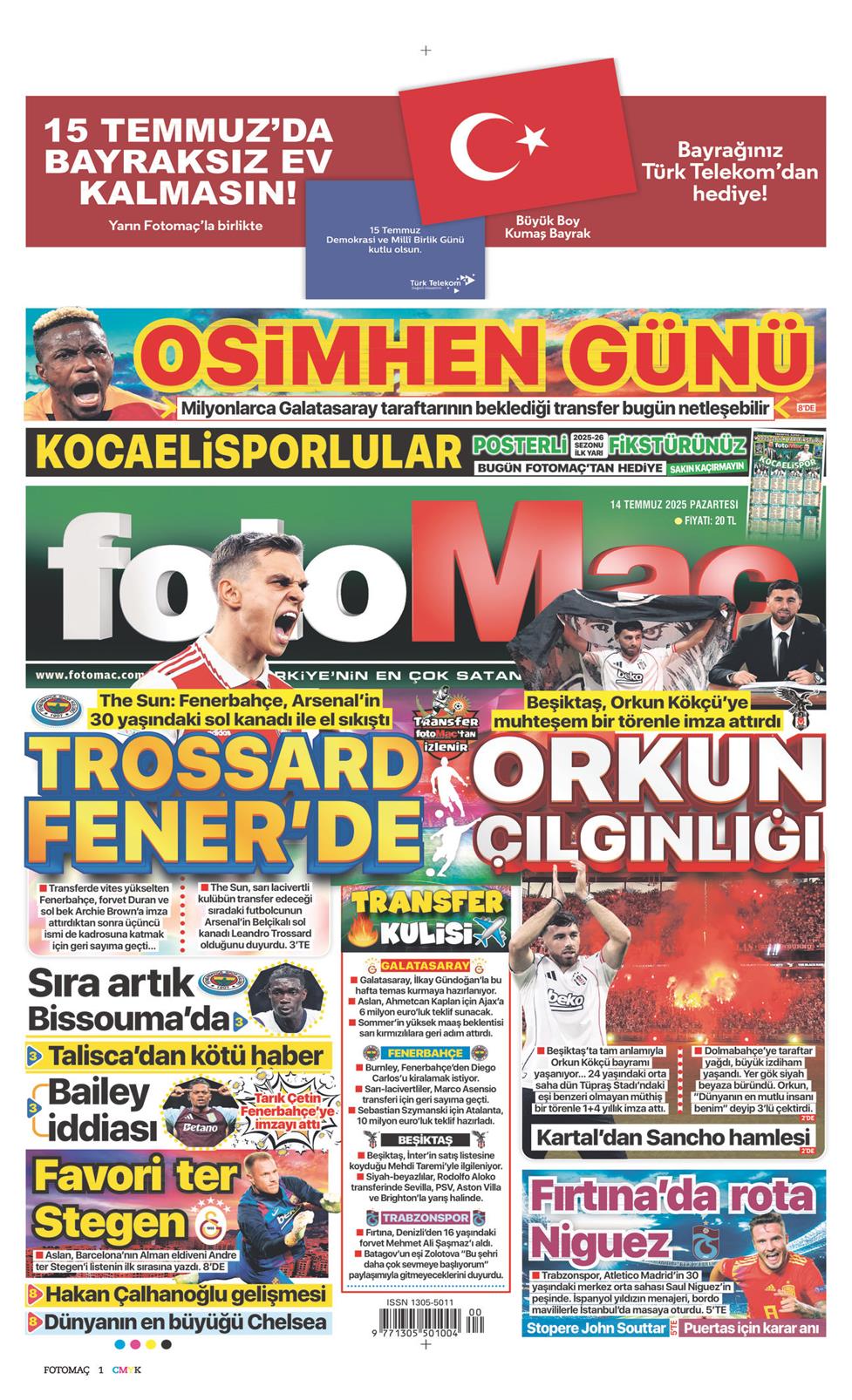 14 Temmuz 2025 Pazartesi - Fotomaç gazetesi manşet