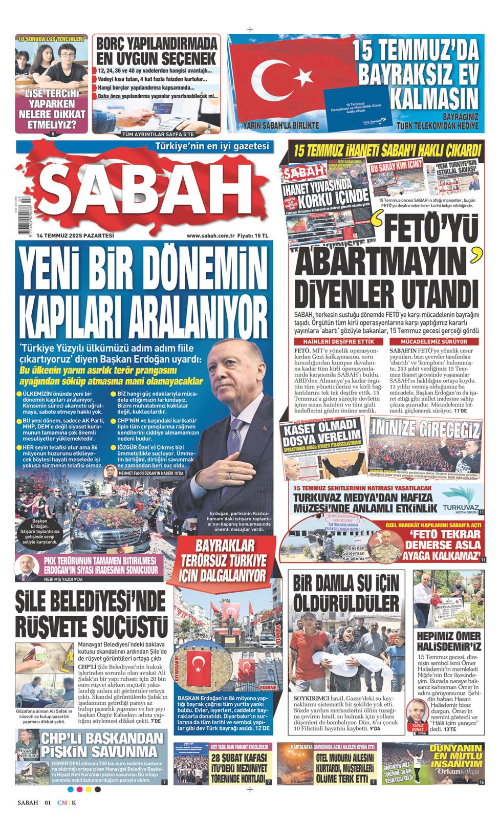 14 Temmuz 2025 Pazartesi - Sabah gazetesi manşet