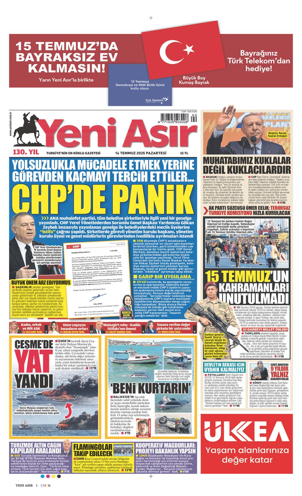 14 Temmuz 2025 Pazartesi - Yeni Asır gazetesi manşet