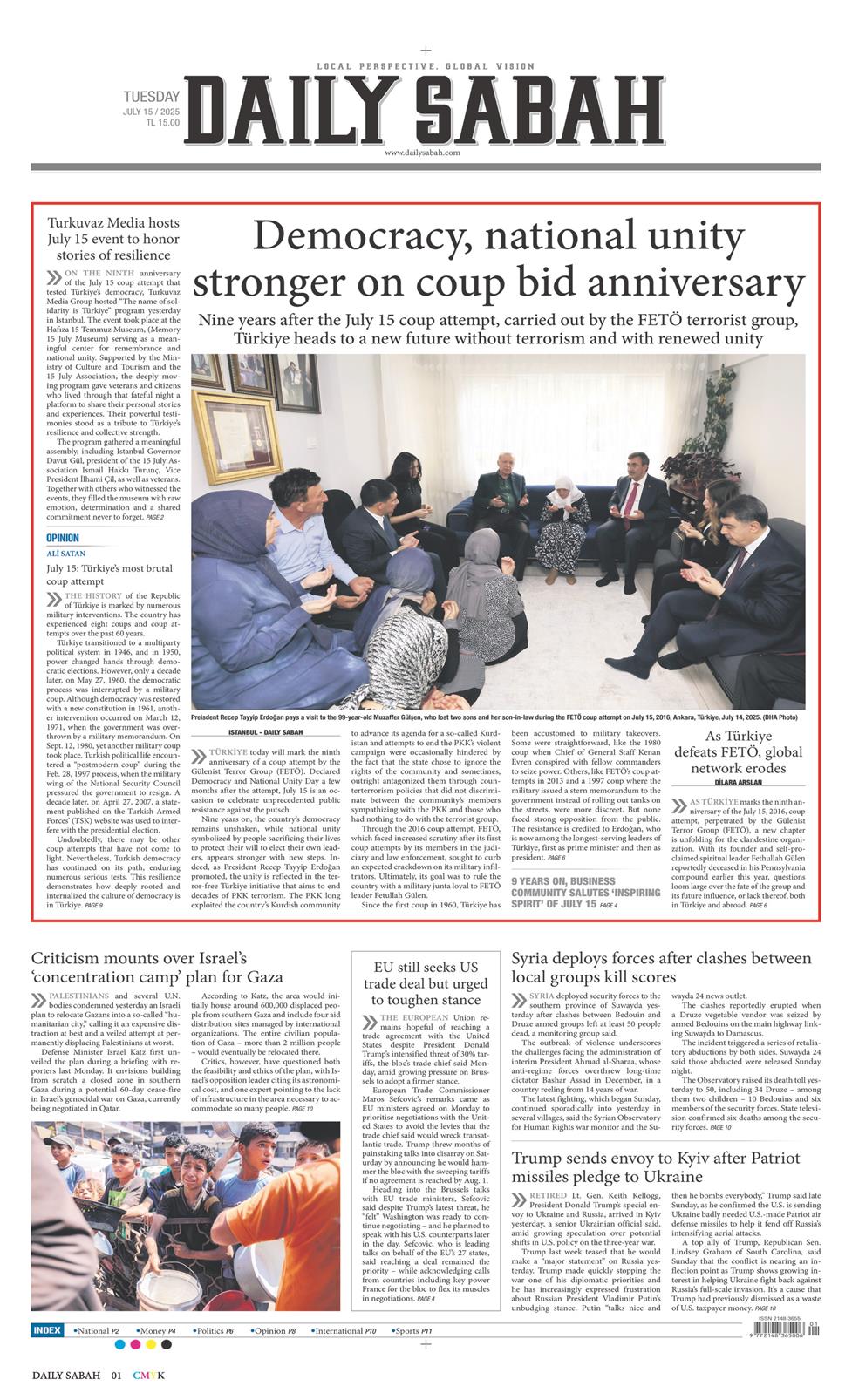 15 Temmuz 2025 Salı - Daily Sabah gazetesi manşet