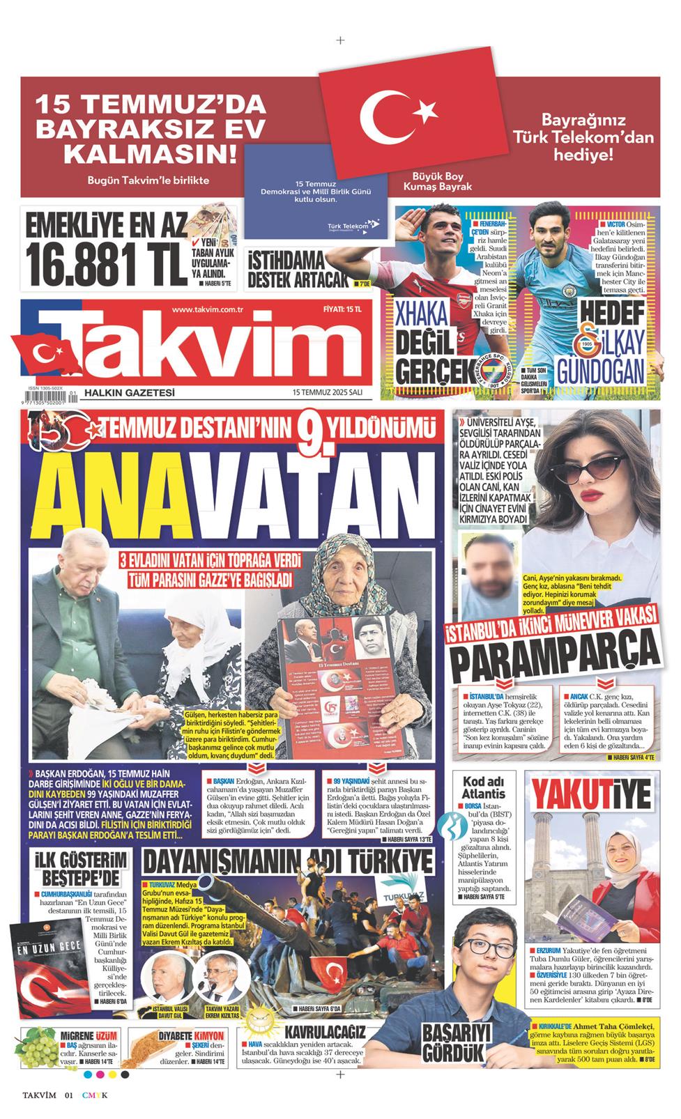 15 Temmuz 2025 Salı - Takvim gazetesi manşet
