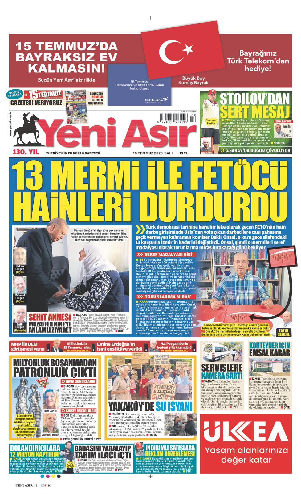 15 Temmuz 2025 Salı - Yeni Asır gazetesi manşet