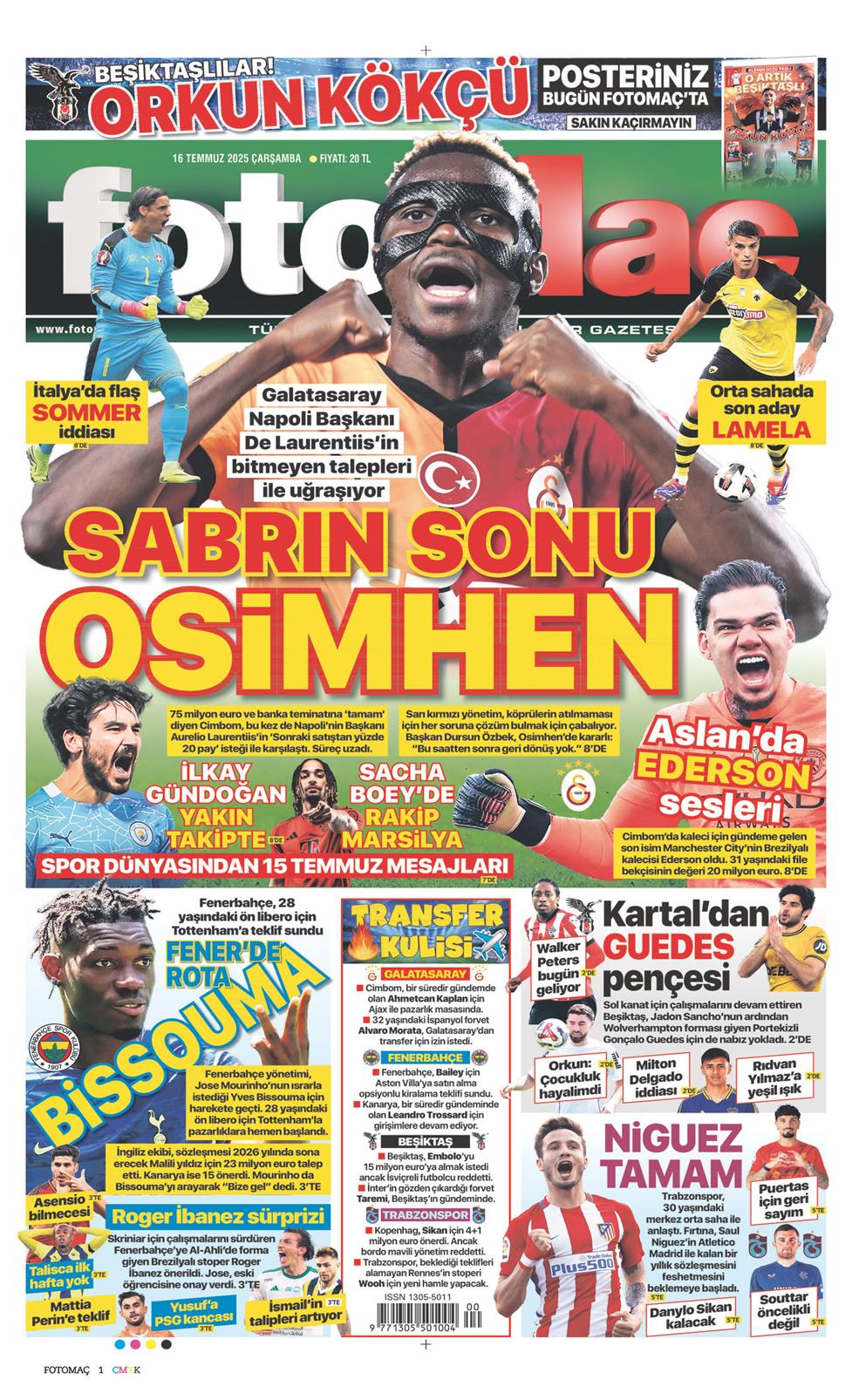 16 Temmuz 2025 Çarşamba - Fotomaç gazetesi manşet