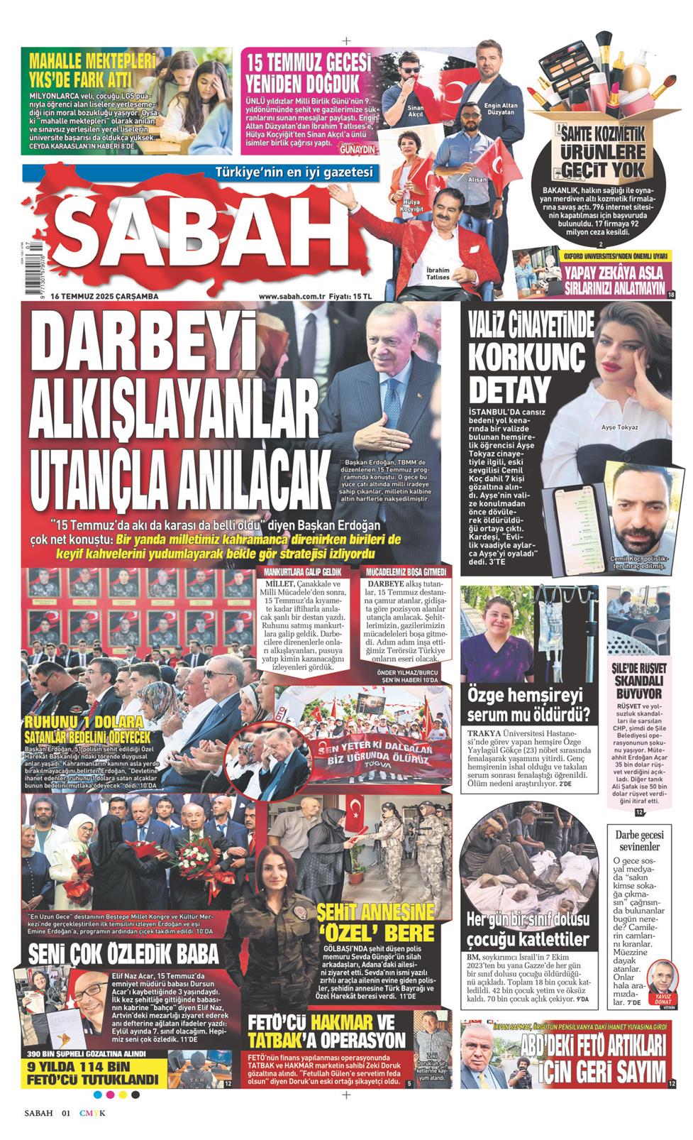 16 Temmuz 2025 Çarşamba - Sabah gazetesi manşet