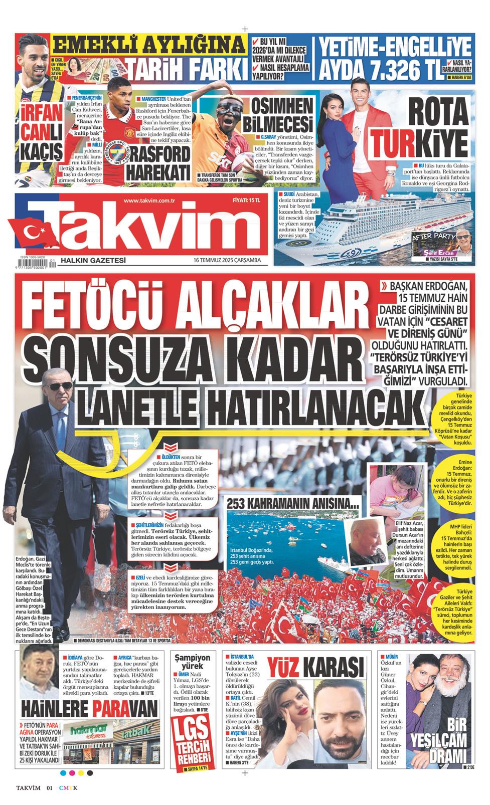 16 Temmuz 2025 Çarşamba - Takvim gazetesi manşet