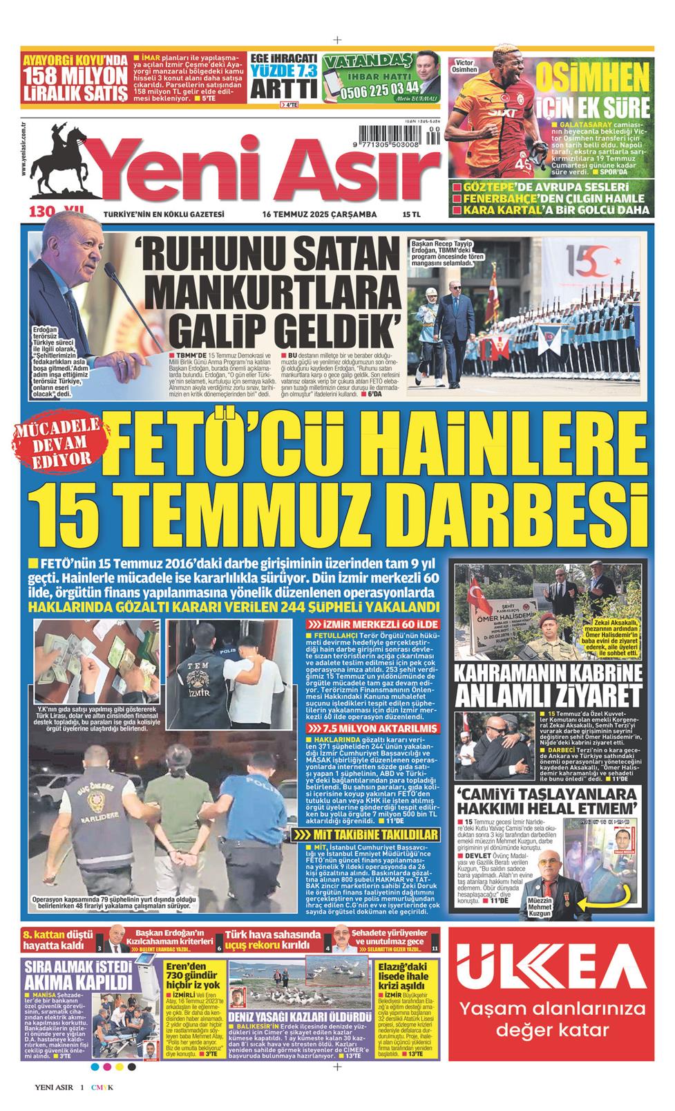 16 Temmuz 2025 Çarşamba - Yeni Asır gazetesi manşet