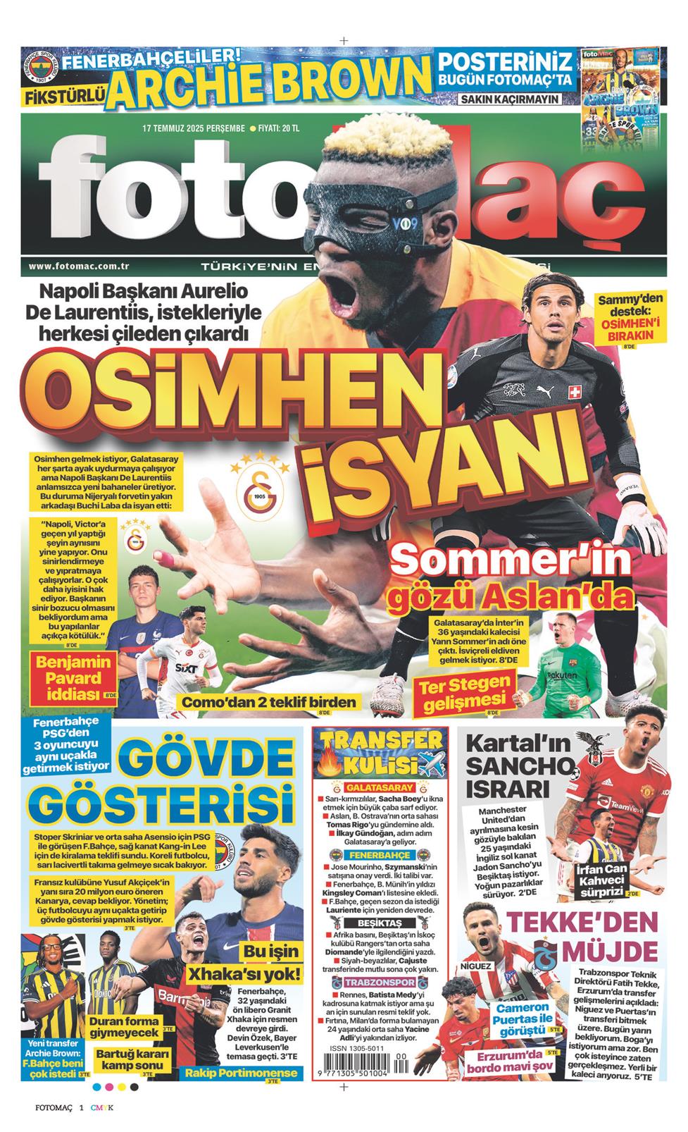 17 Temmuz 2025 Perşembe - Fotomaç gazetesi manşet