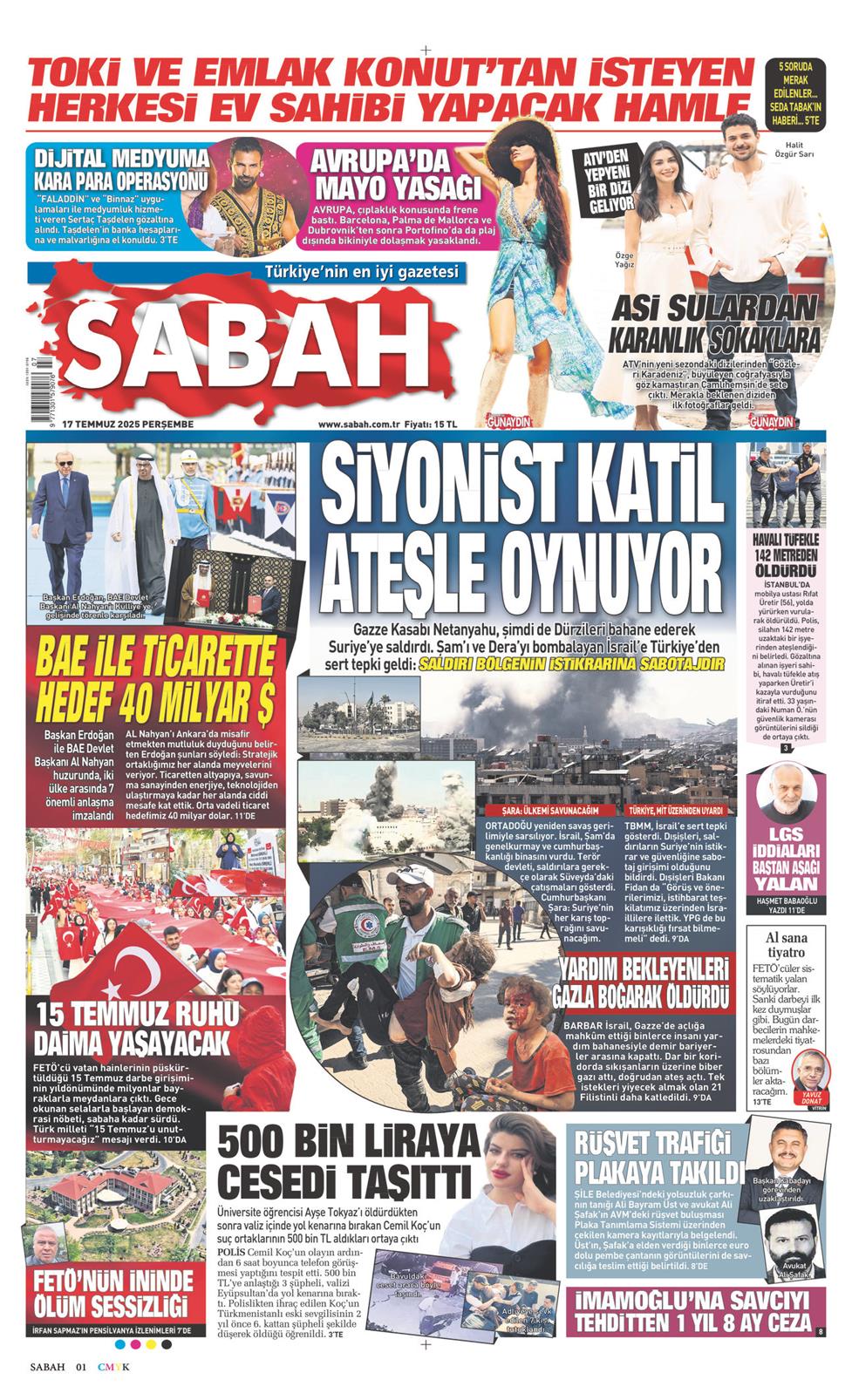 17 Temmuz 2025 Perşembe - Sabah gazetesi manşet