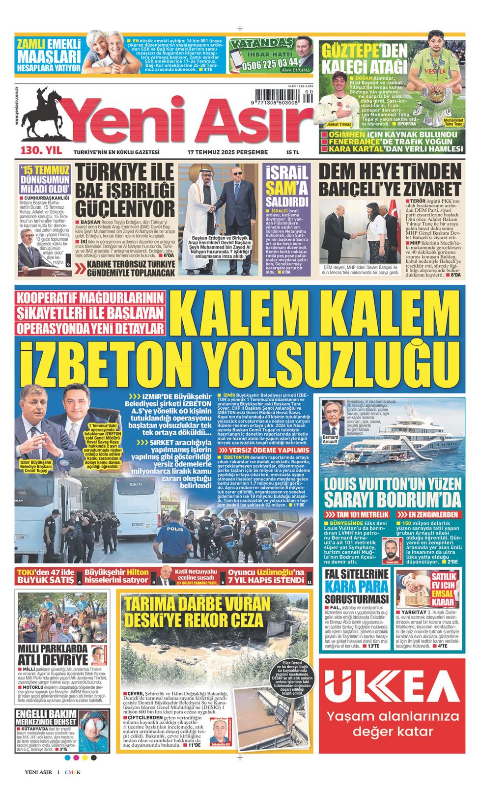 17 Temmuz 2025 Perşembe - Yeni Asır gazetesi manşet