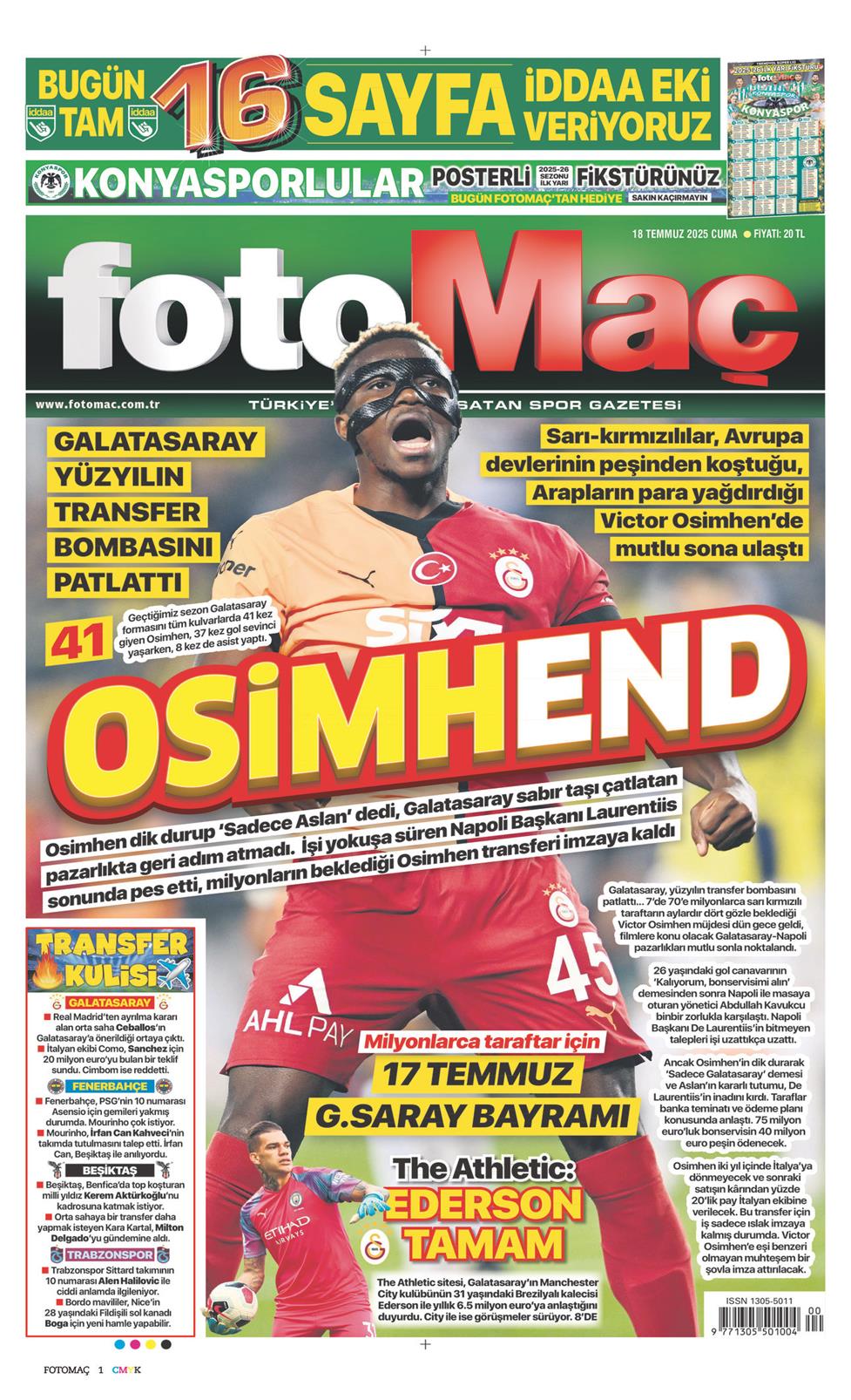 18 Temmuz 2025 Cuma - Fotomaç gazetesi manşet