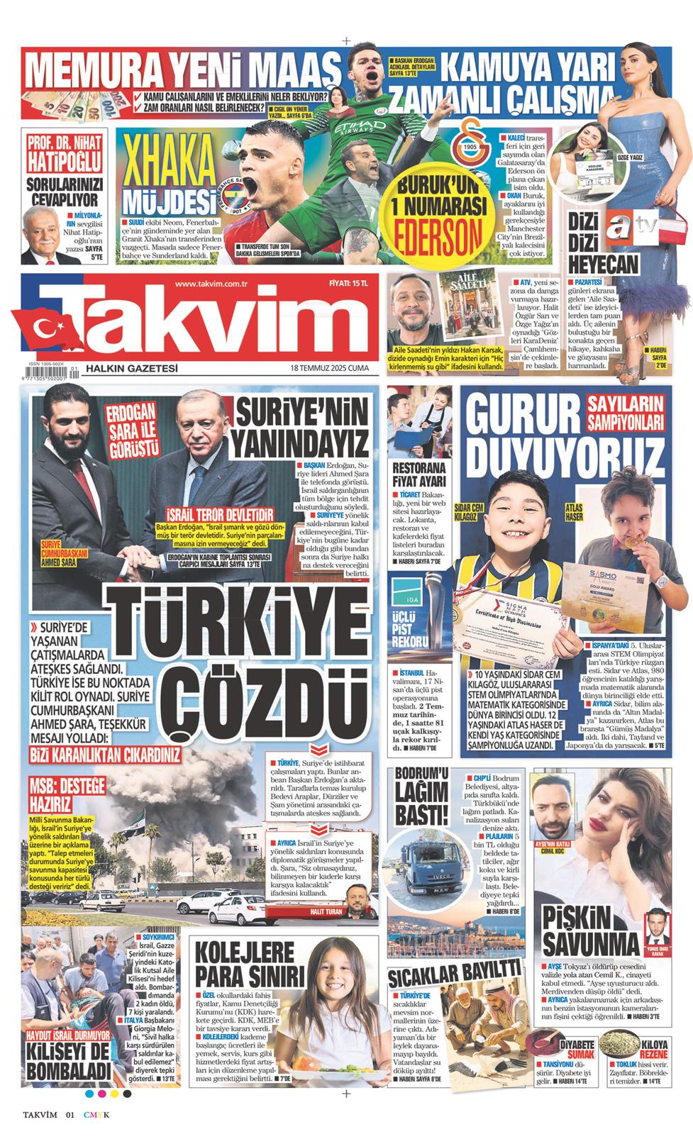 18 Temmuz 2025 Cuma - Takvim gazetesi manşet