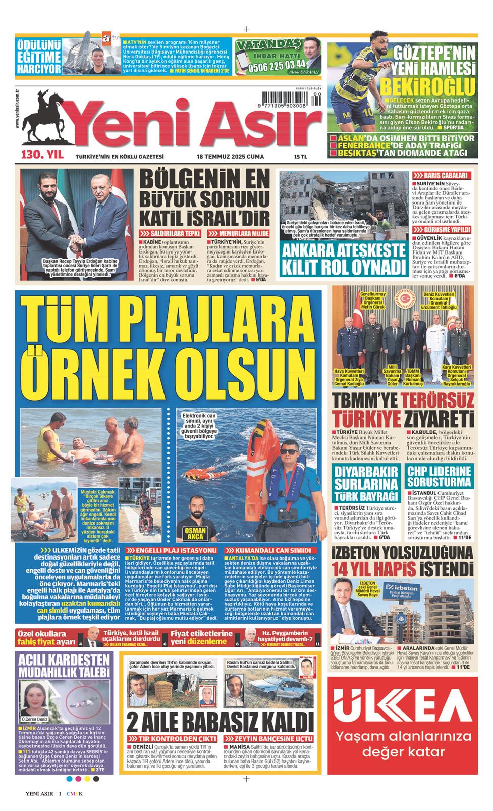 18 Temmuz 2025 Cuma - Yeni Asır gazetesi manşet