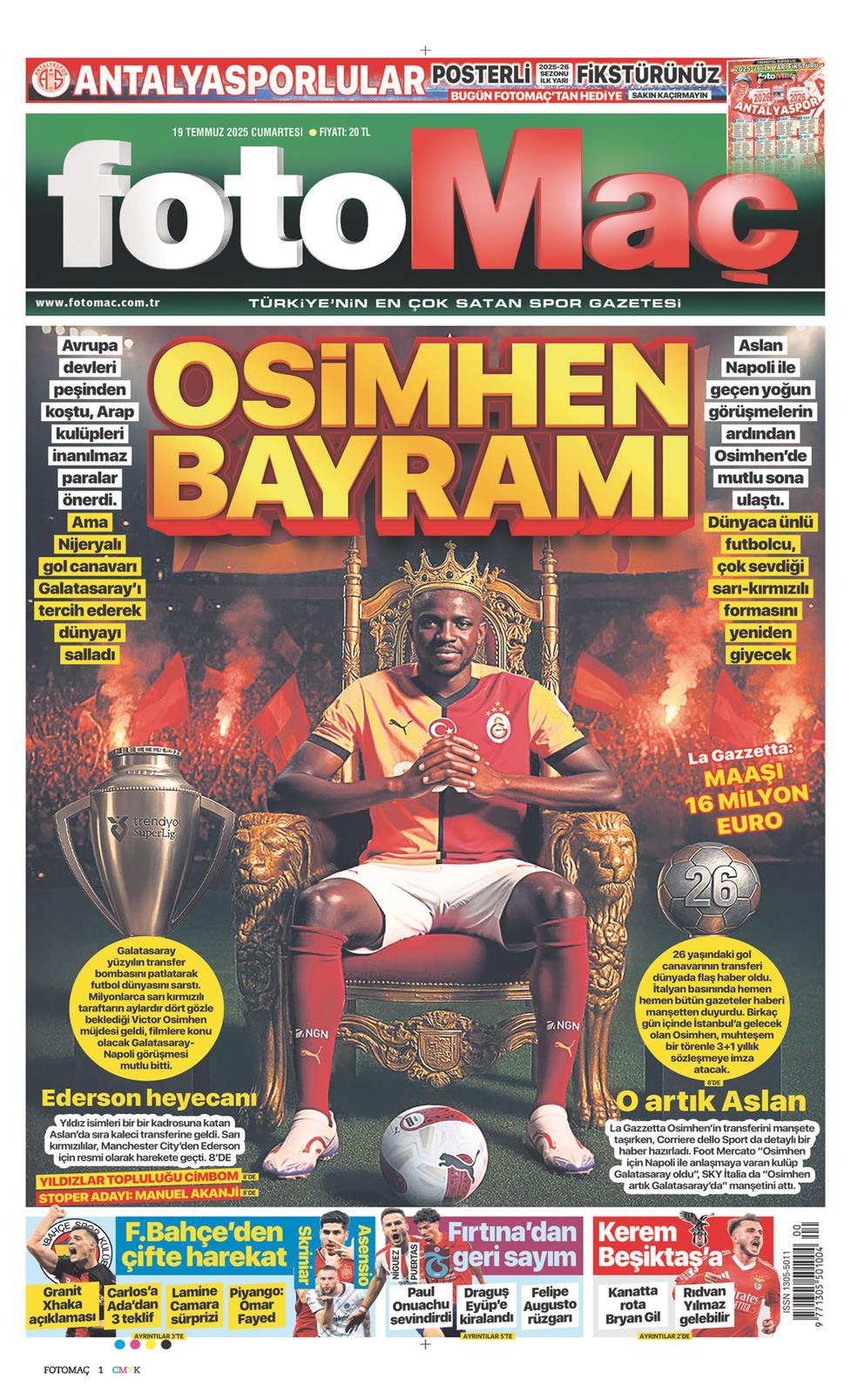 19 Temmuz 2025 Cumartesi - Fotomaç gazetesi manşet